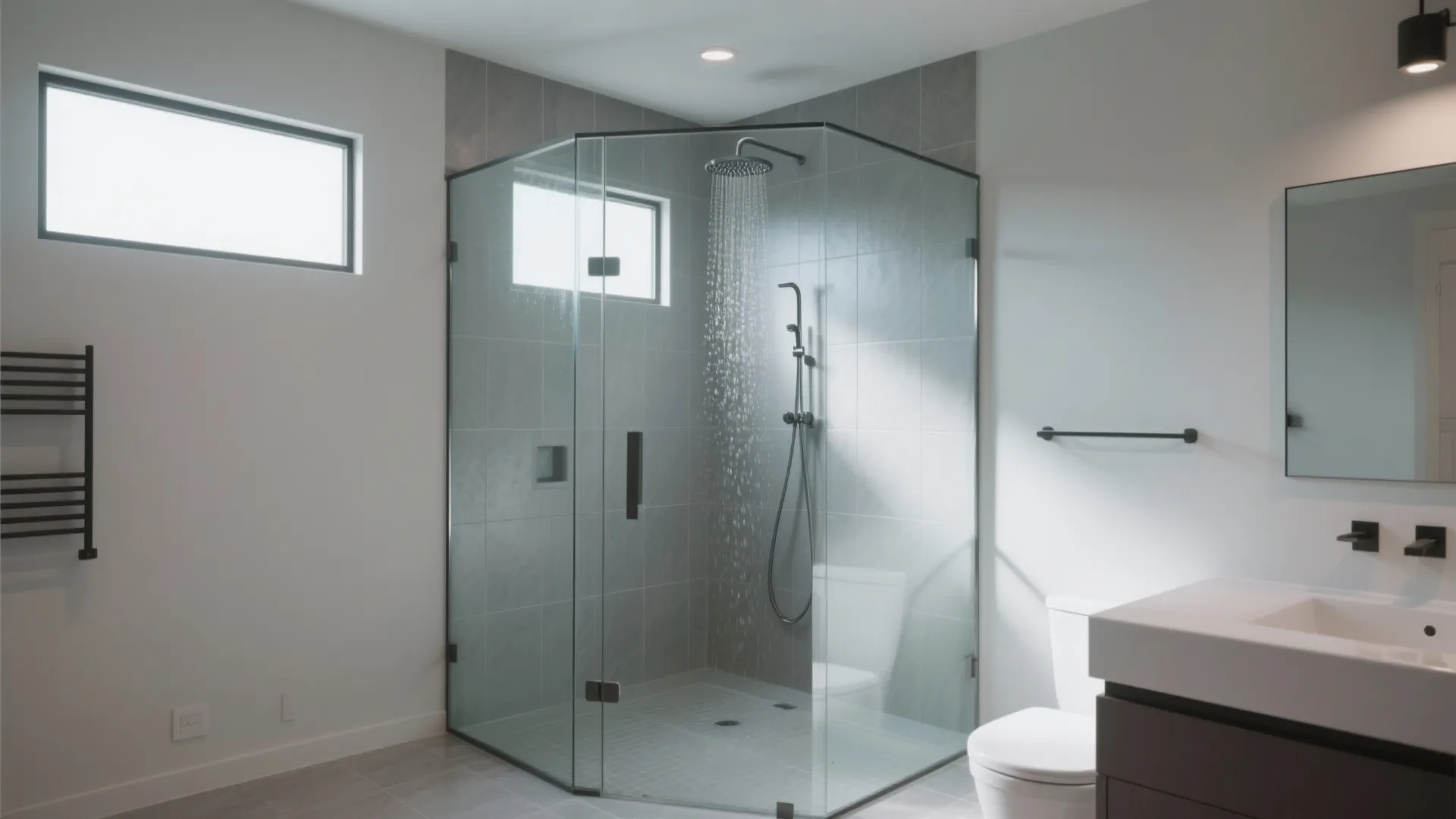 Modern glass shower enclosure with black hardware near a white toilet and grey tiled walls