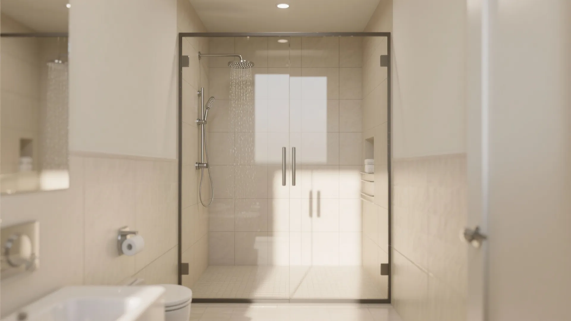 Frameless glass walk in shower with running water beige tiles white toilet and modern bathroom