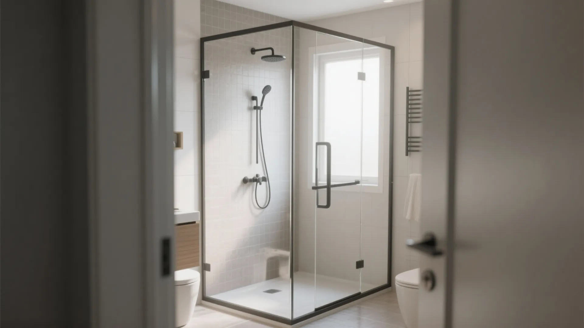 Modern glass shower with black frame white toilet window and light tiling seen through doorway