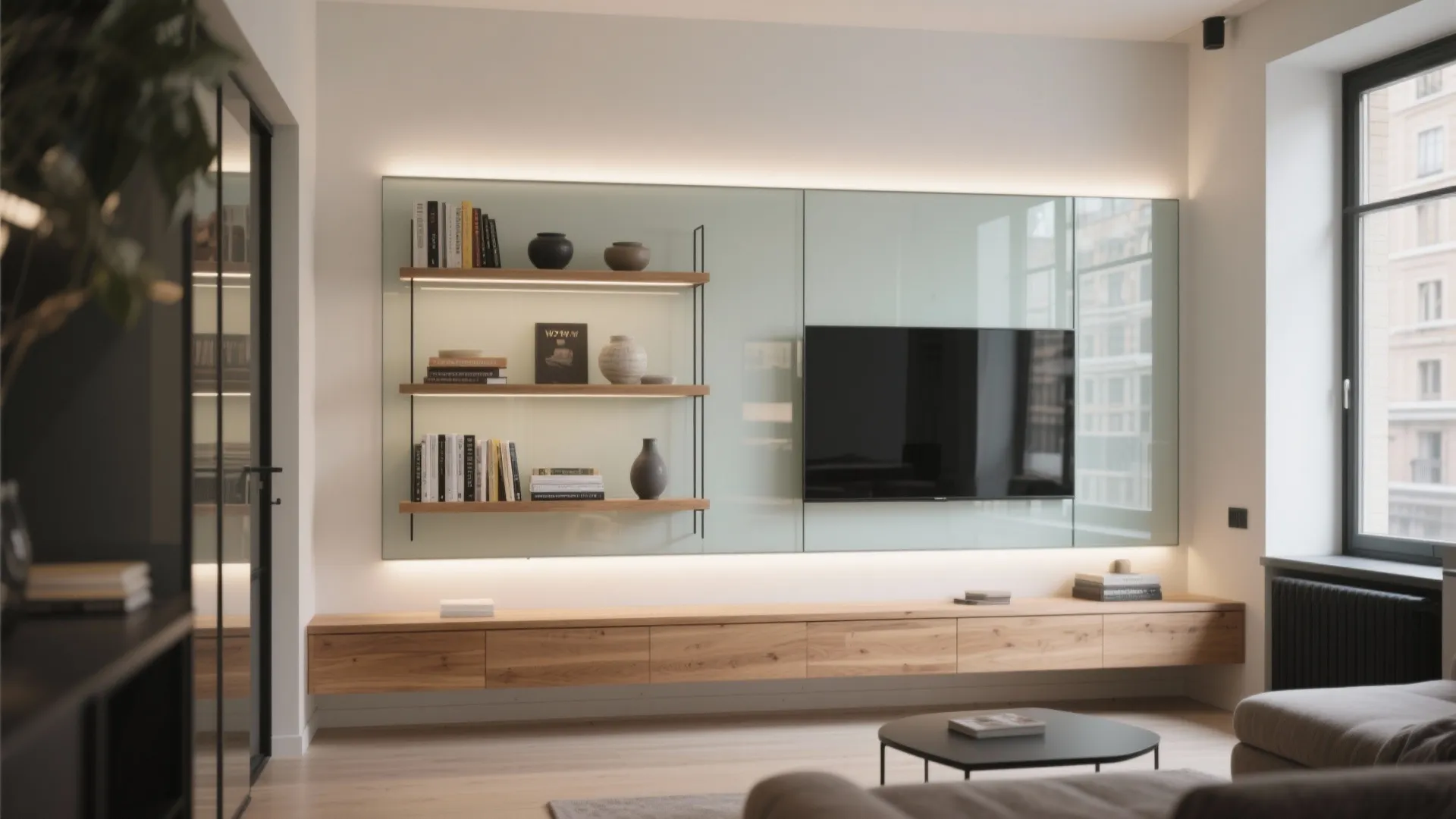 Wall mounted television next to wooden shelves with books and vases in a bright room
