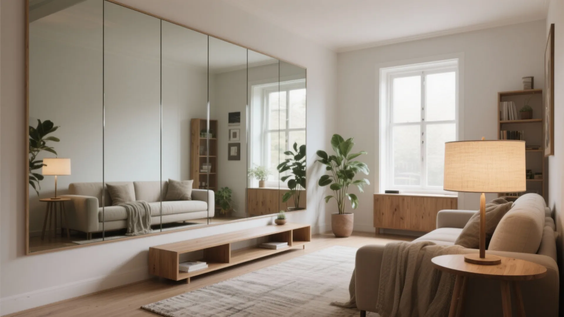 Frameless, Full-Height Mirrors Along One Wall