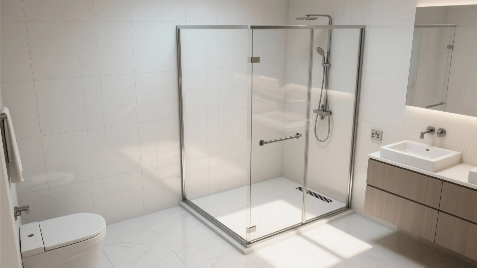 Modern bright bathroom featuring glass shower enclosure with chrome hardware white toilet and floating wood cabinet