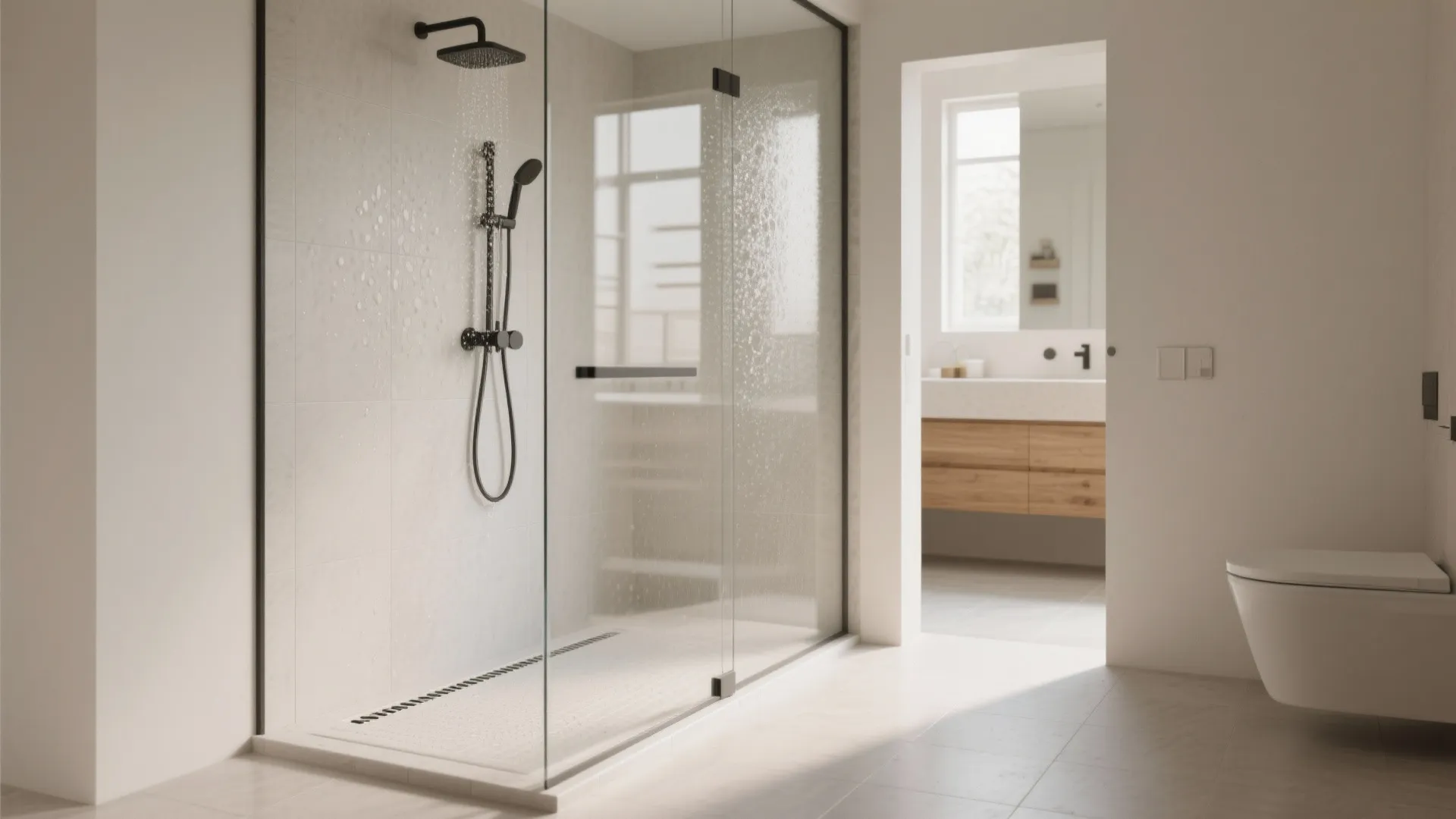 Wet room shower with frameless glass