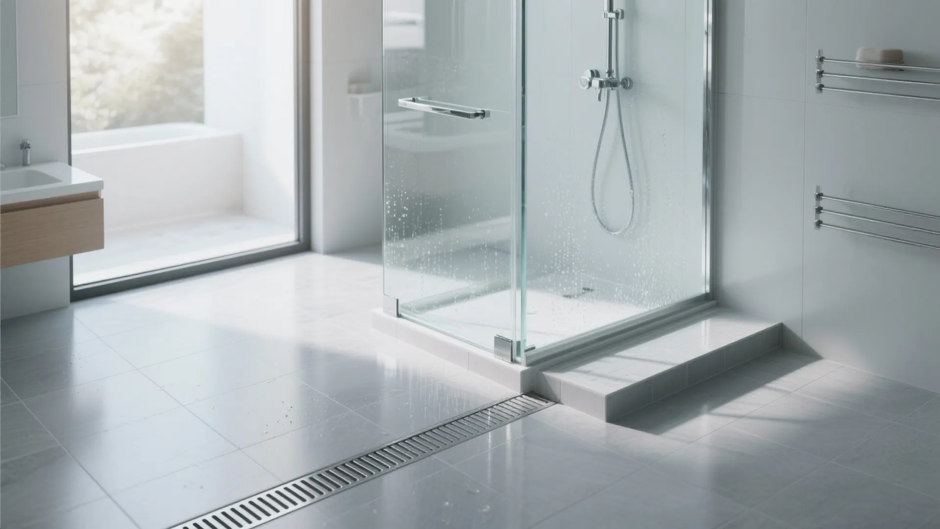 Frameless tempered glass shower door in a wet room with slope-to-drain flooring.
