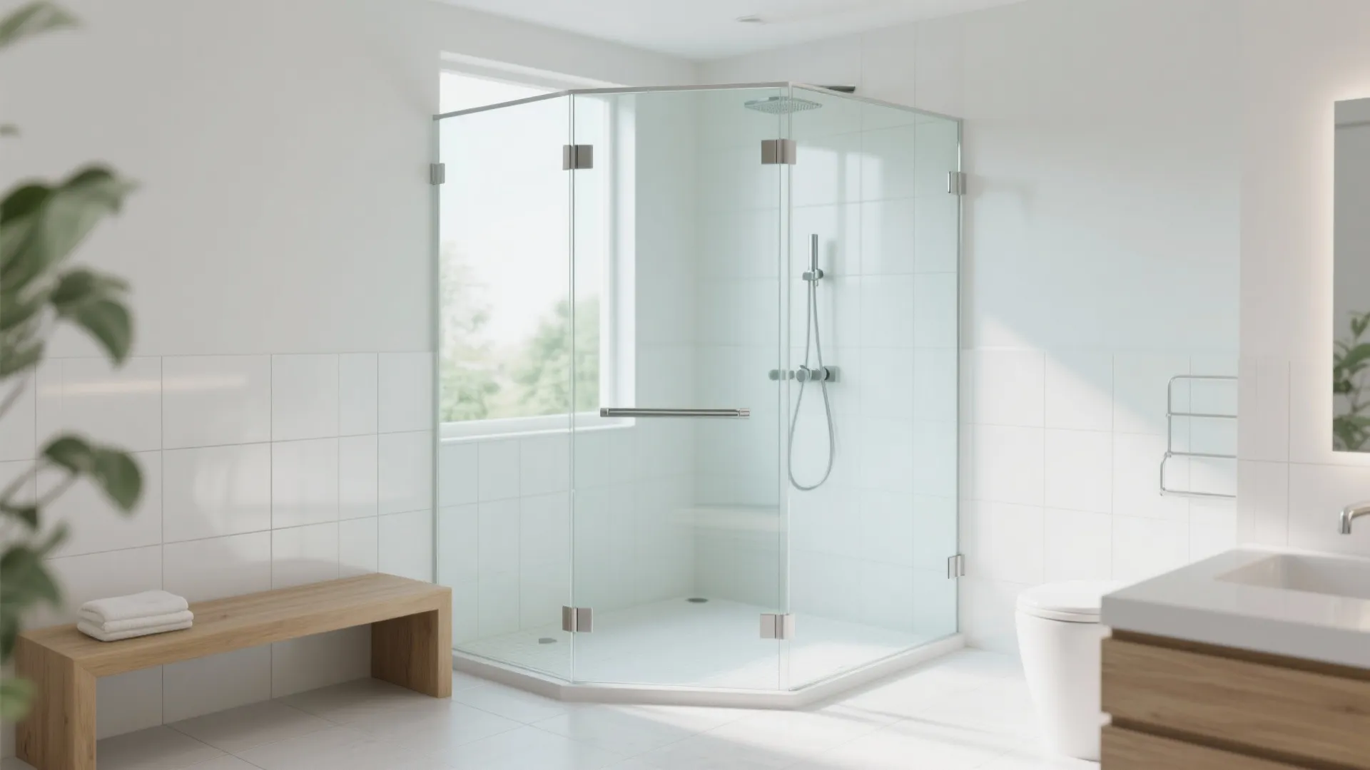 Modern white bathroom with glass shower enclosure wooden bench toilet sink and large window view