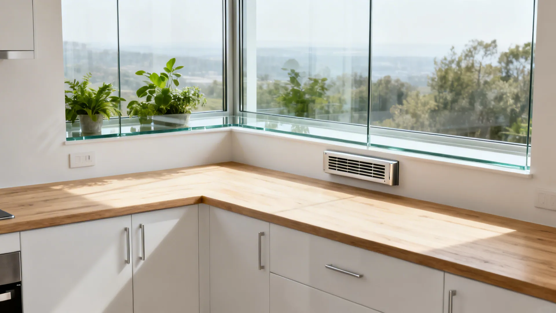 Frameless low-iron glass kitchen window with a slim wall-mounted exhaust in a compact L-shaped layout.