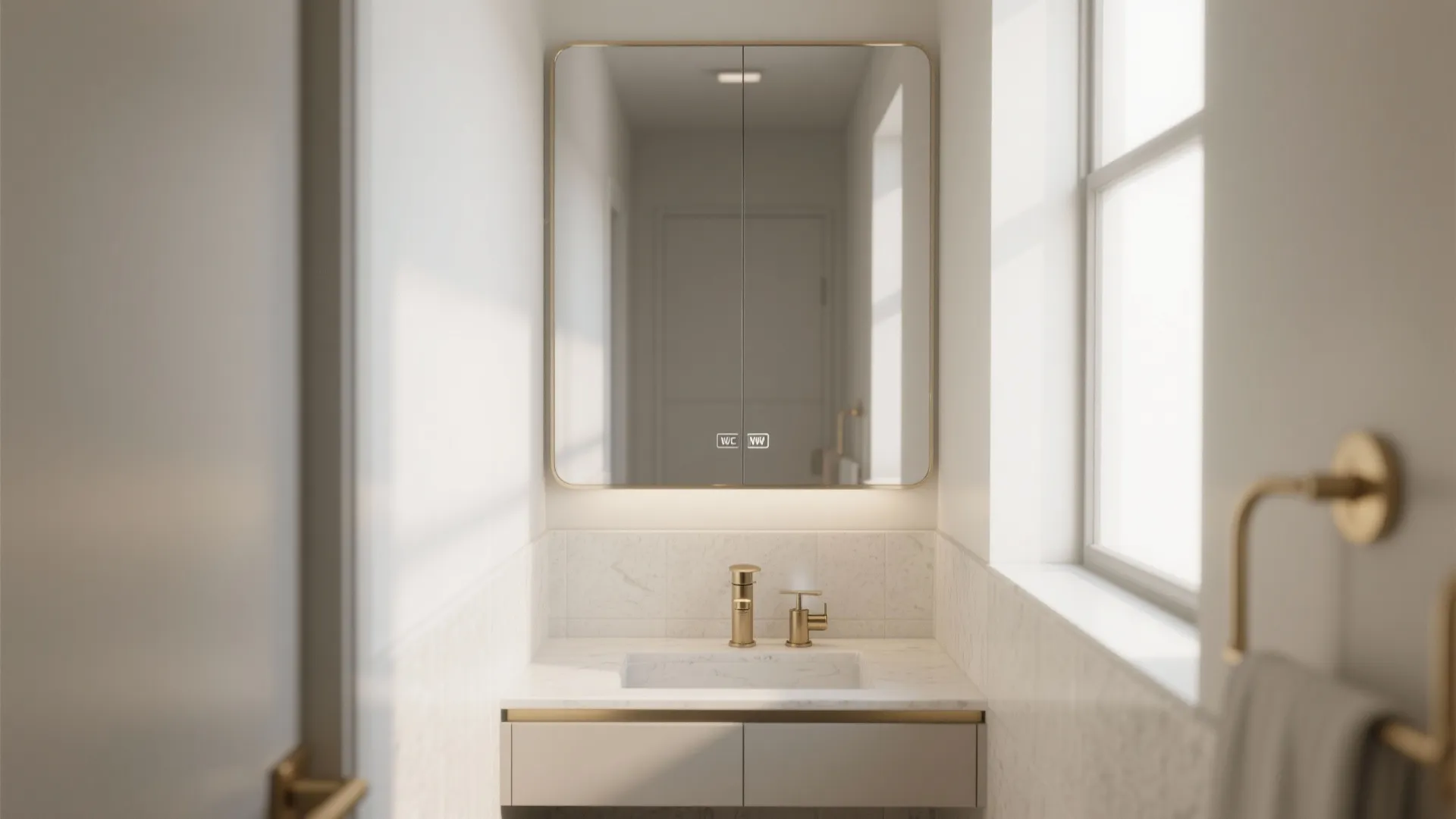 Modern bathroom with square mirror above white marble sink gold faucet and bright side window