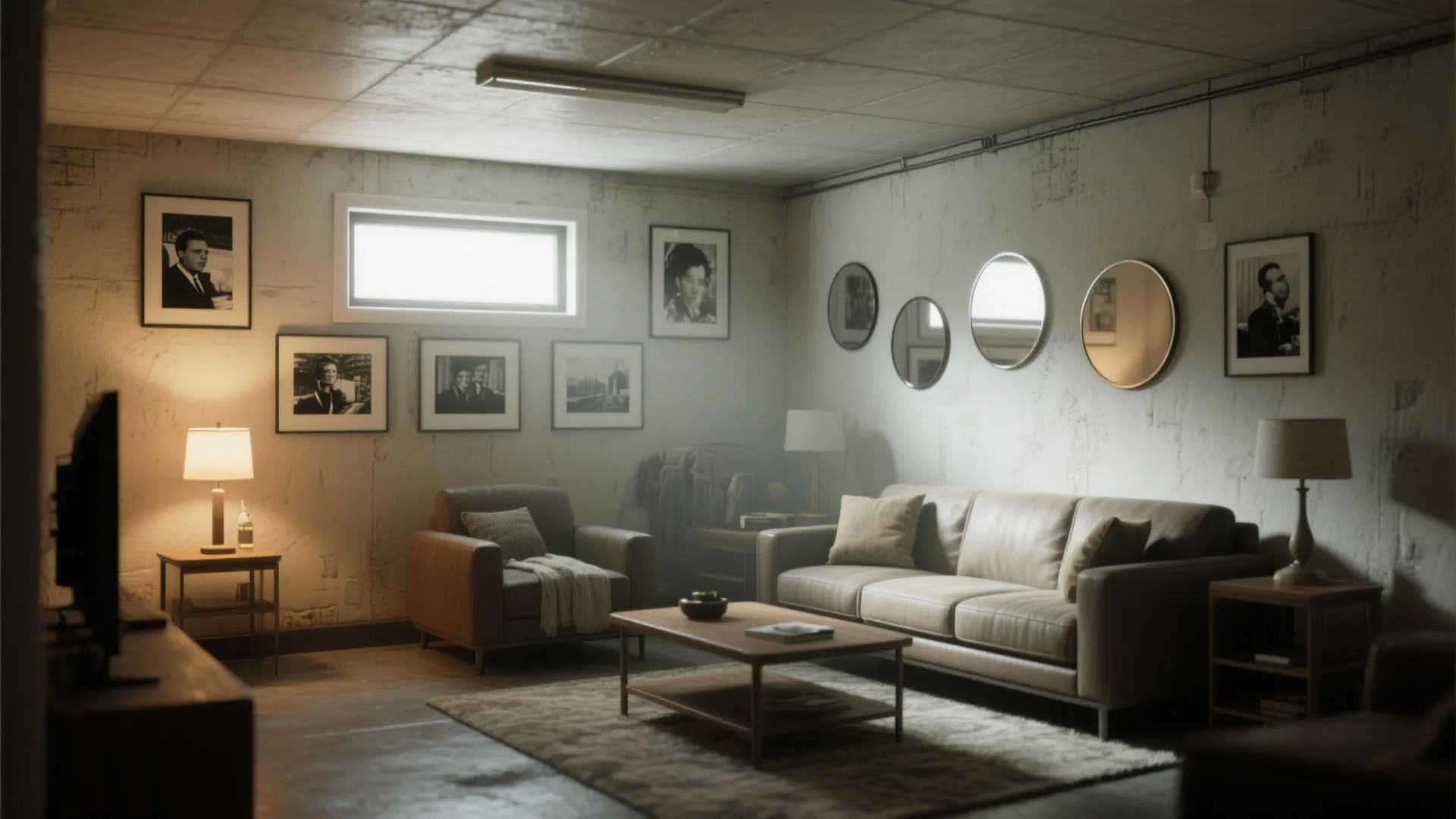 Gallery wall mixing black-and-white photos with small mirrors to boost brightness in a dim room