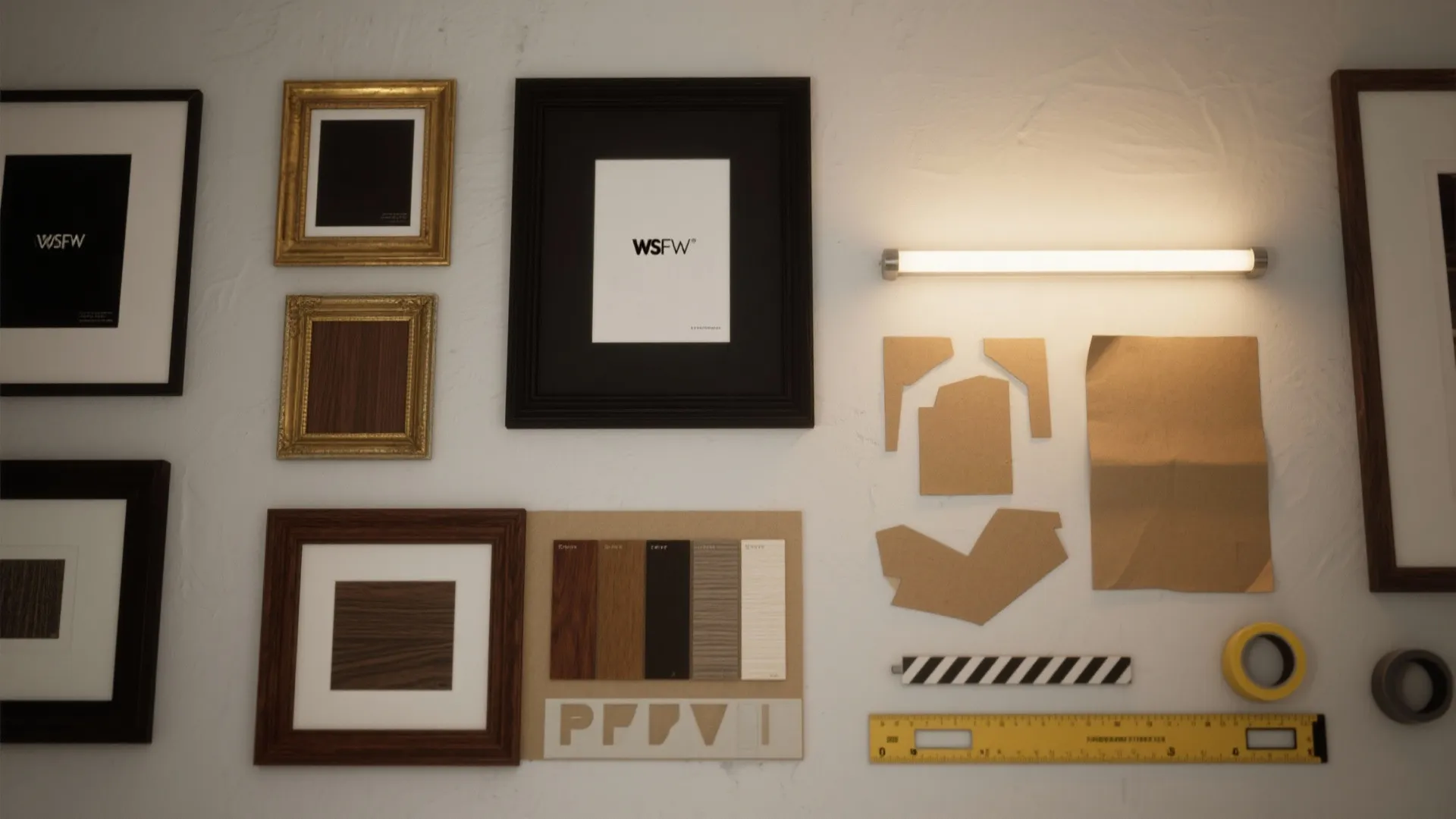 Top-down flatlay of frame finishes, picture light, kraft-paper templates, and hanging tools.