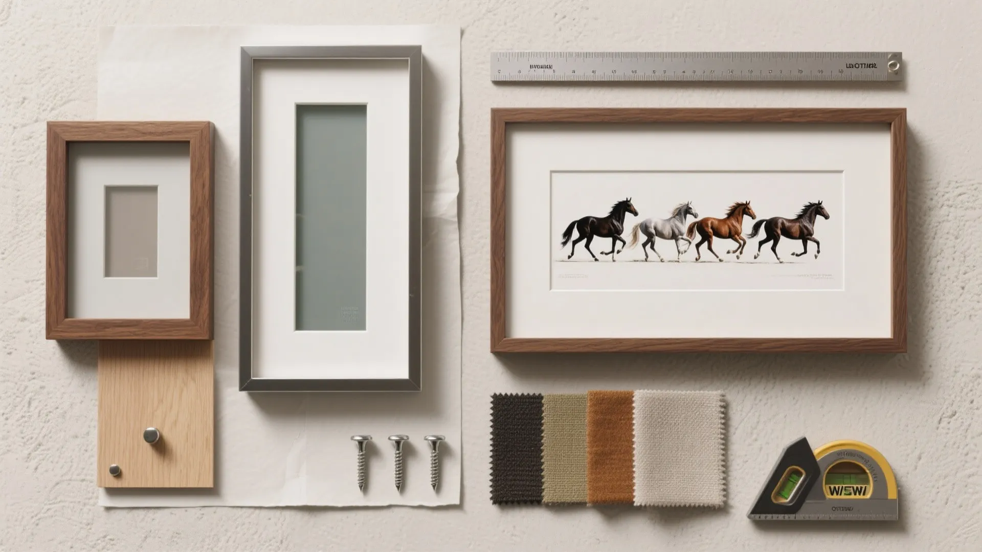 Flat lay of picture frames with horse art and fabric samples on a neutral background