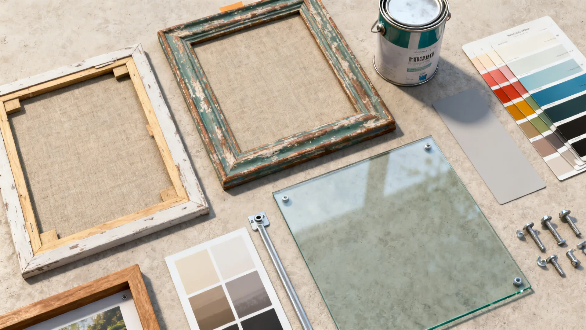 Flatlay of thrifted frames, paint cans, swatches and mounting hardware for budget styling.