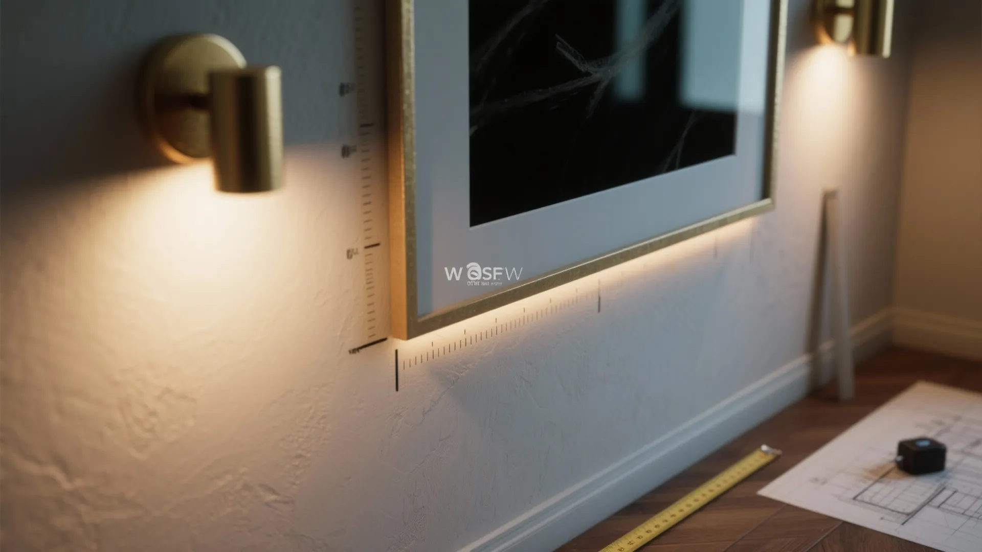 Picture frame with backlighting mounted on wall between two gold wall light fixtures and tape