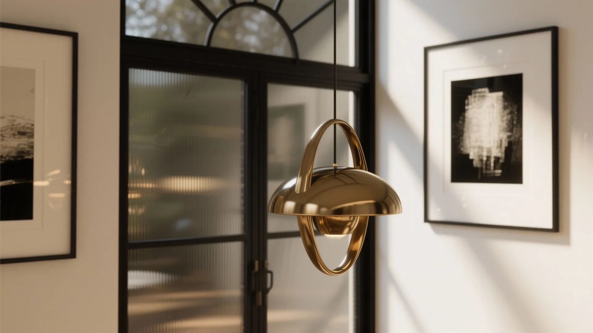Gold ceiling light hanging in a bright room with black window frames and framed wall art