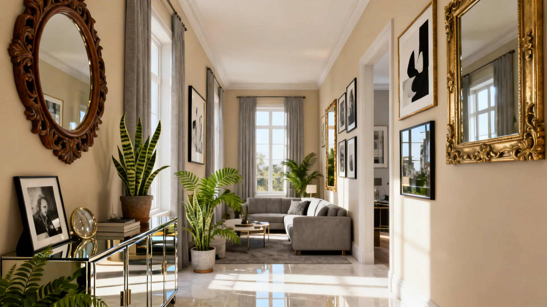 Living room with framed art interspersed with mirrors to reflect light and enlarge space.