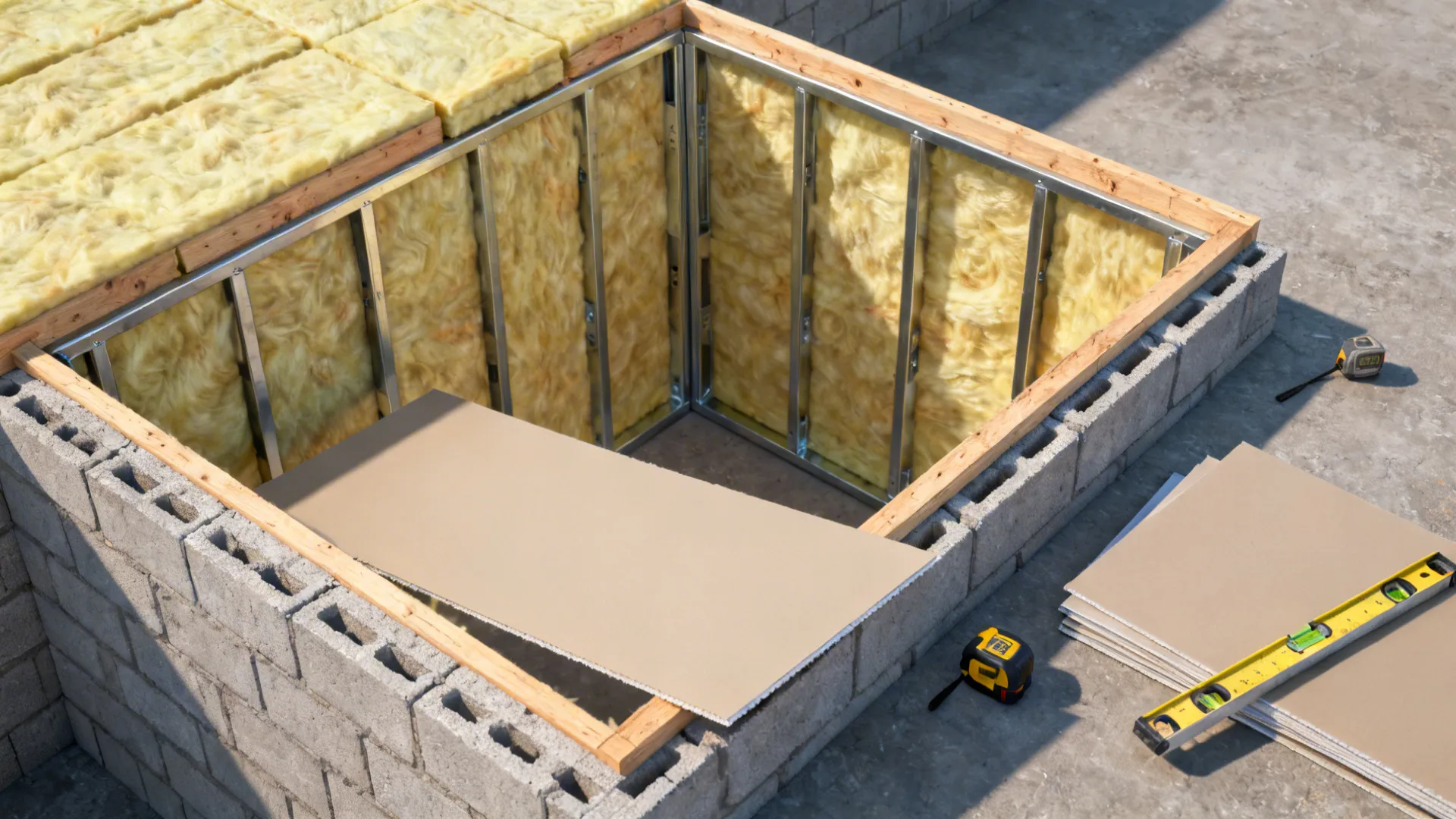 Top-down view of wall framing, insulation and drywall being installed over concrete block.