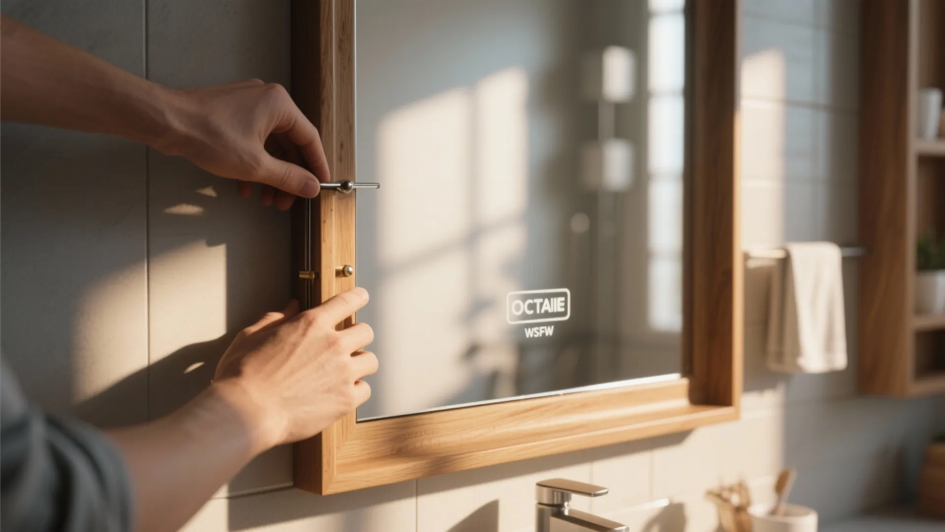 Close up hands installing a wooden frame onto a bathroom wall mirror with warm lighting