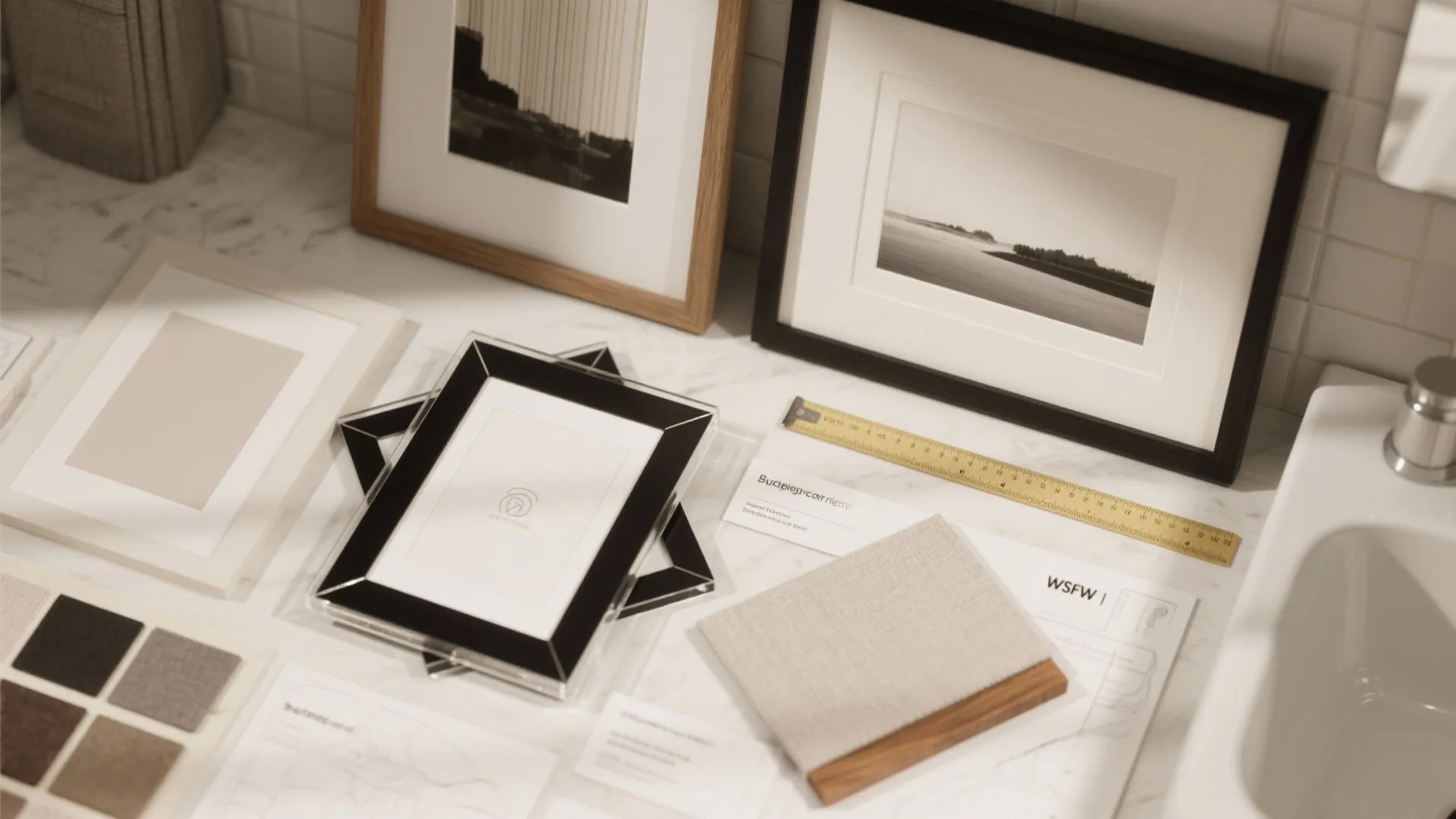 Table top view with various picture frames fabric samples ruler and interior design drawing documents