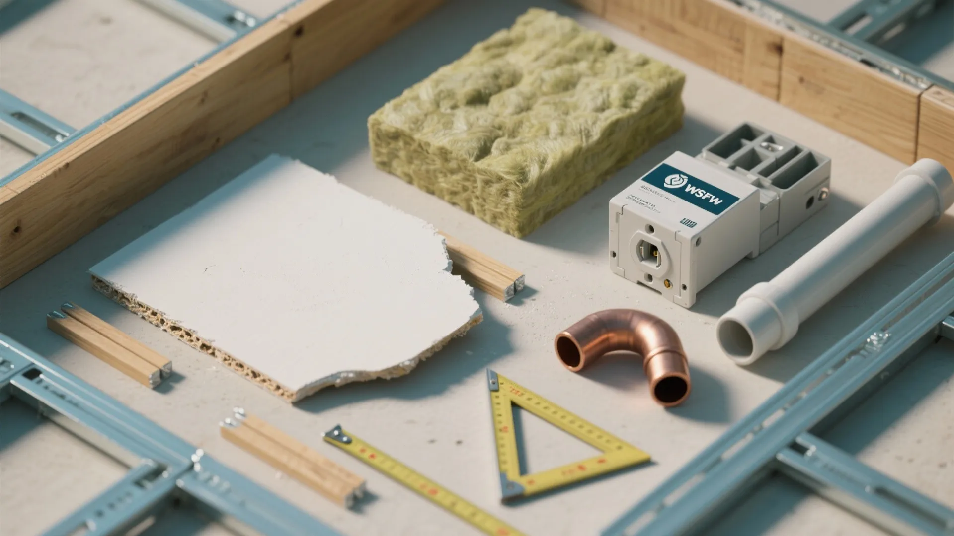 Flatlay showing studs, gypsum, mineral wool, electrical boxes, and piping—core materials for wall framing in small homes.