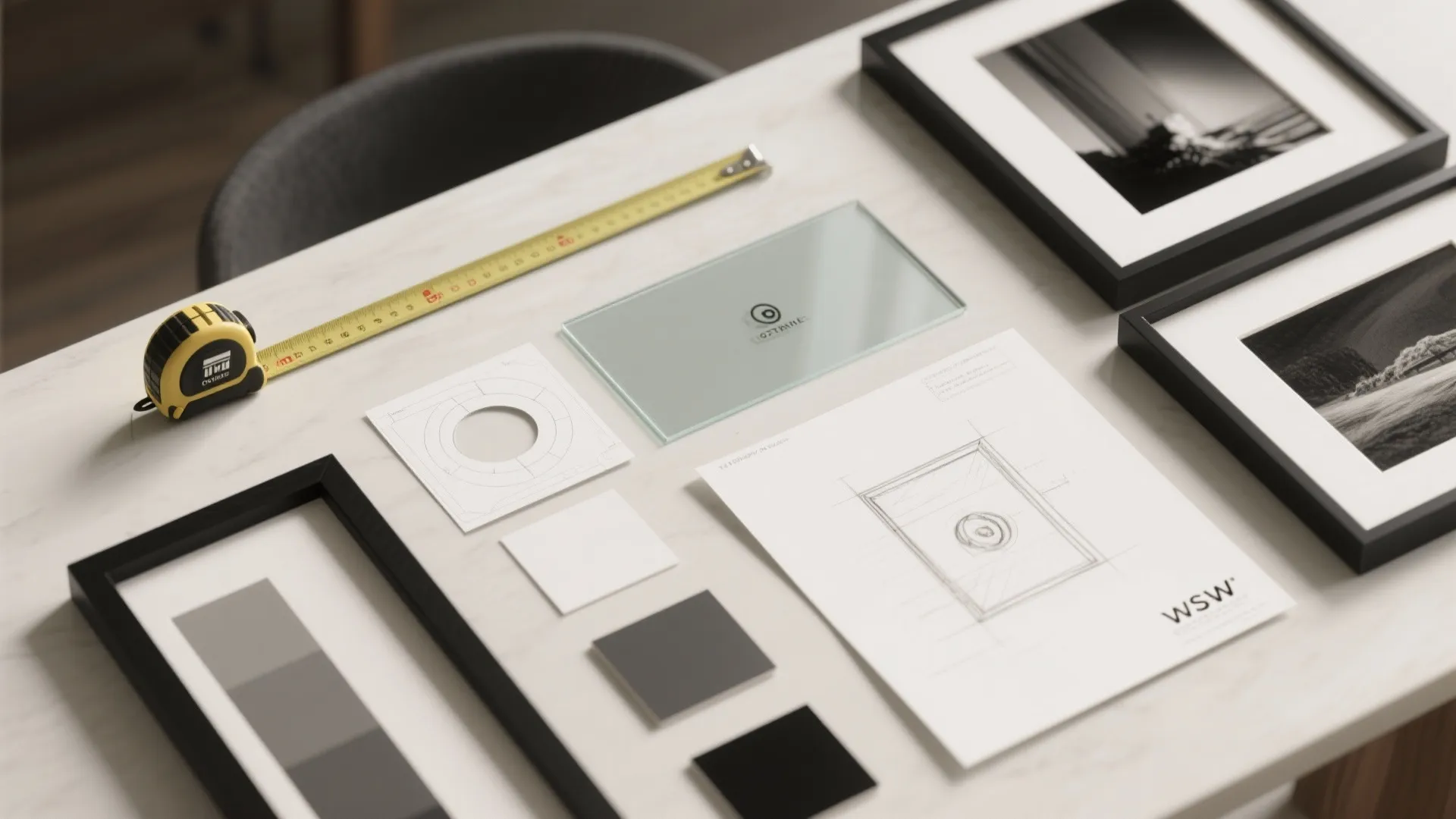 Top-down view of framing tools, paper templates, and matte glass samples for planning artwork layout