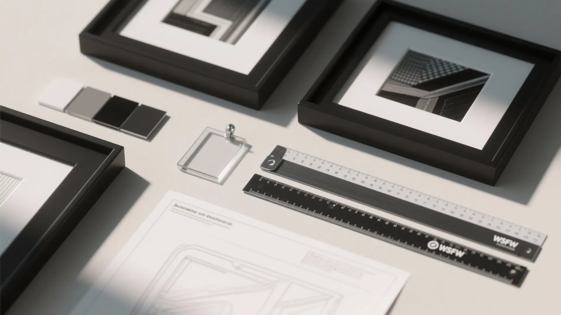 Design workspace with black picture frames rulers color samples and a technical interior design drawing