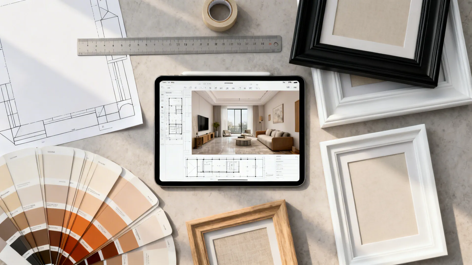 Top-down flatlay of framing materials, paper templates and a tablet with a room mockup.