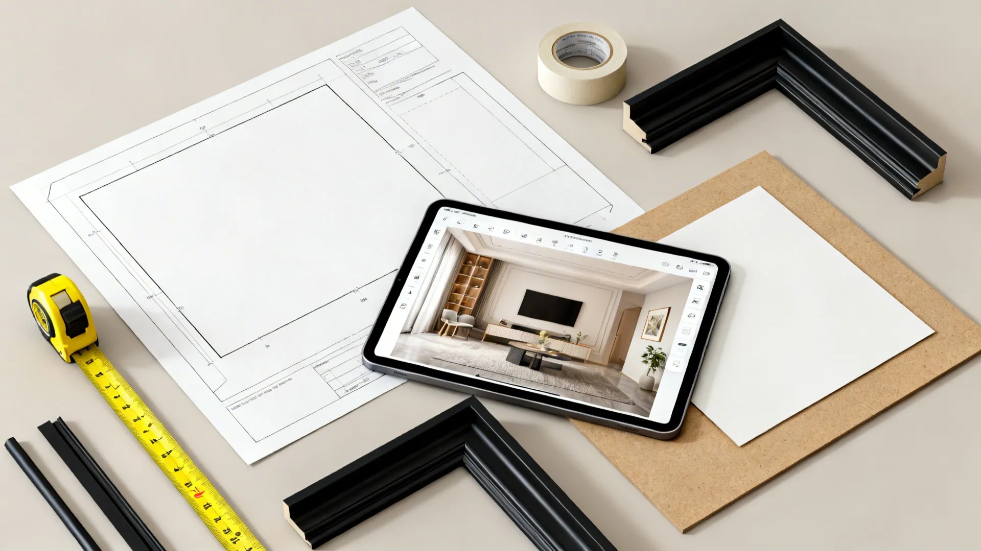Flatlay of framing tools and samples with a tablet showing a digital planner for gallery layouts.