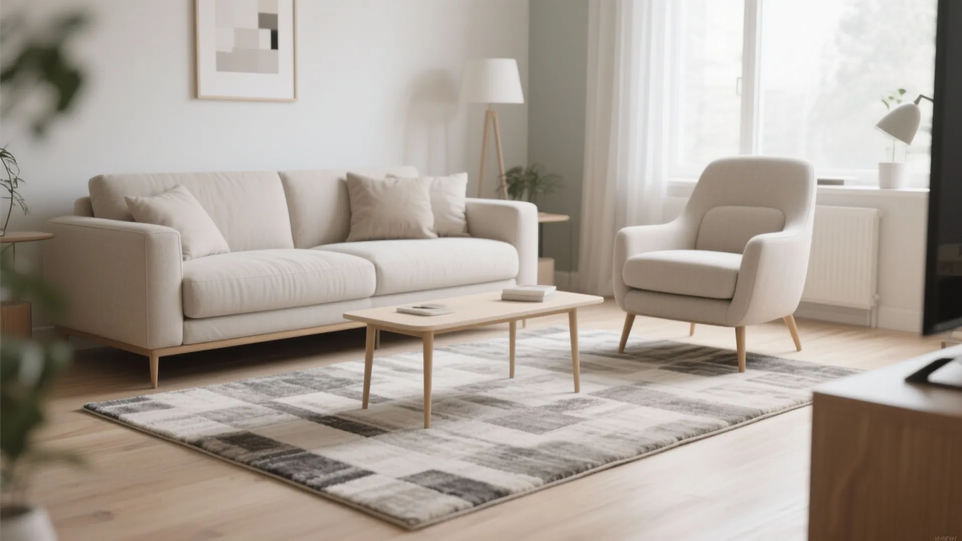 Modern bright living room with white sofa, wooden coffee table, armchair, and checkered patterned rug