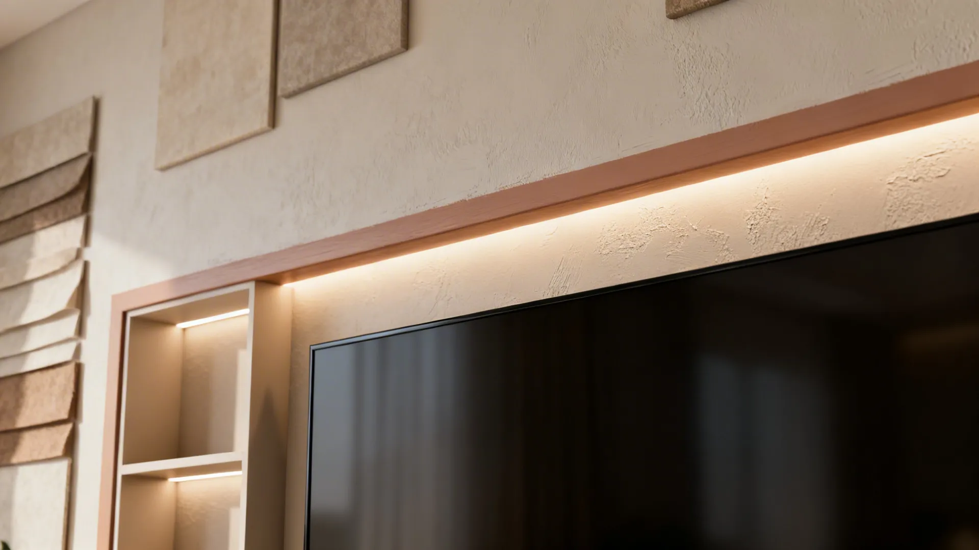 Close-up of accent wall framing and LED backlighting behind a 43-inch TV