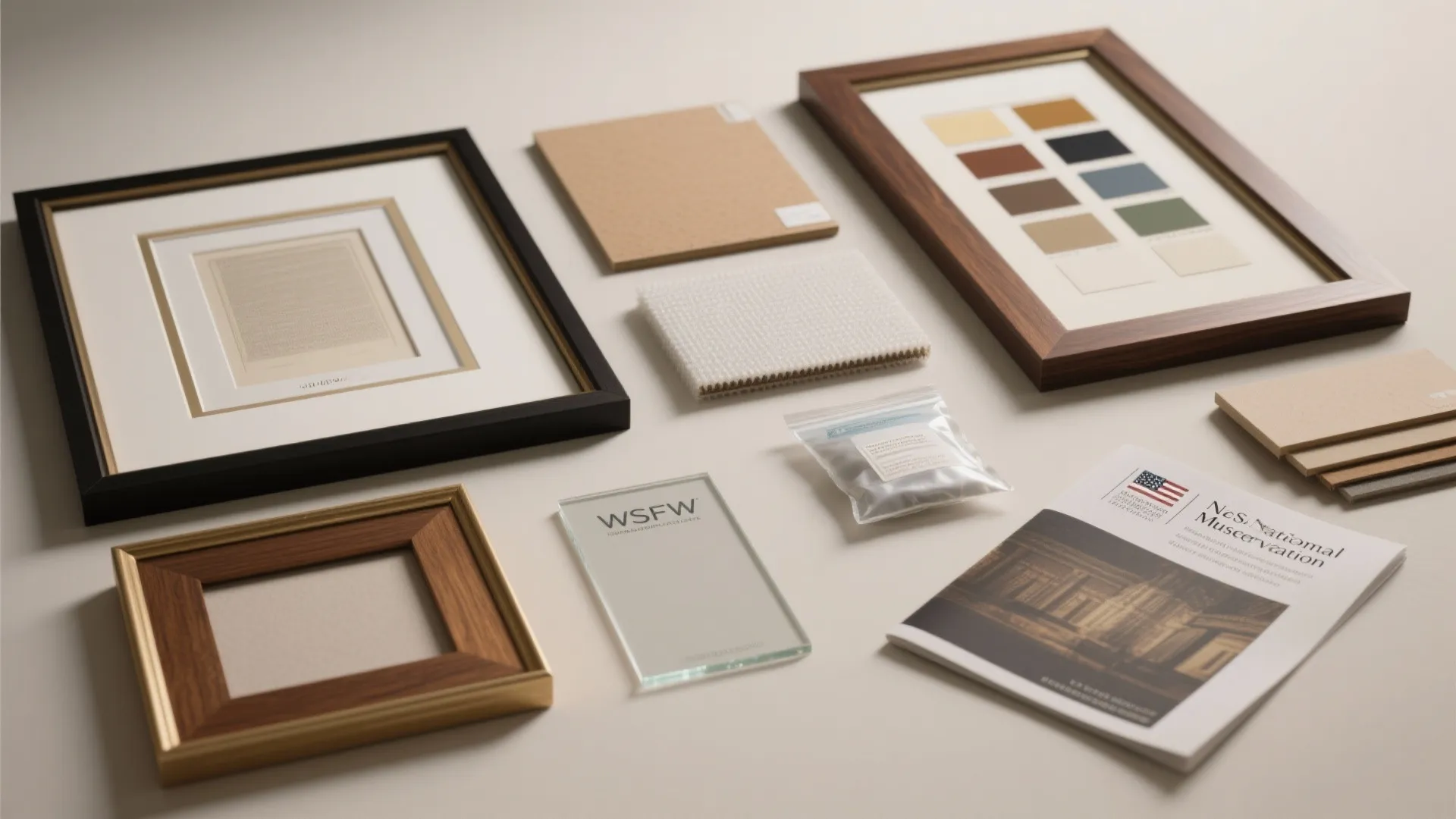 Flatlay of framing materials and conservation samples including UV glazing and matboard swatches.