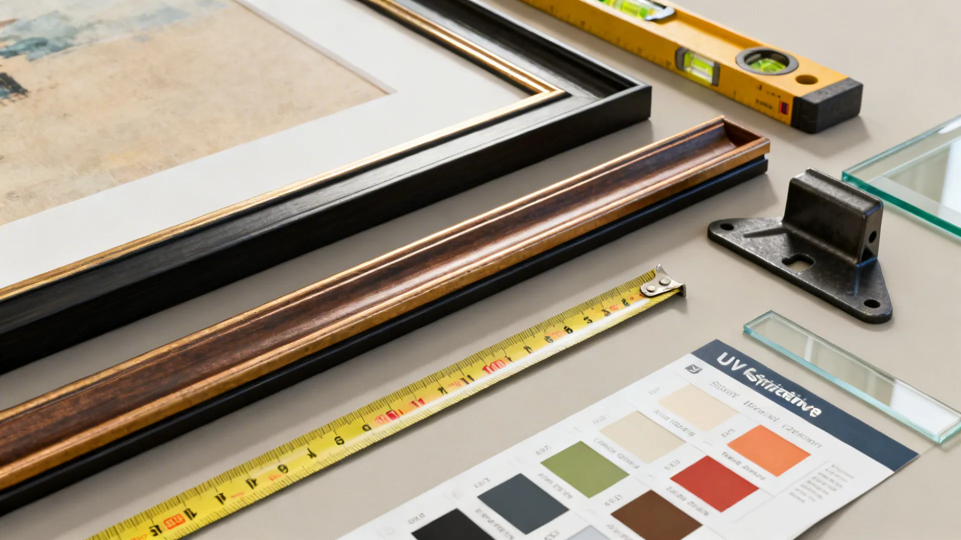 Flatlay of framing samples, tools, and glazing swatches for oversized artwork installation.