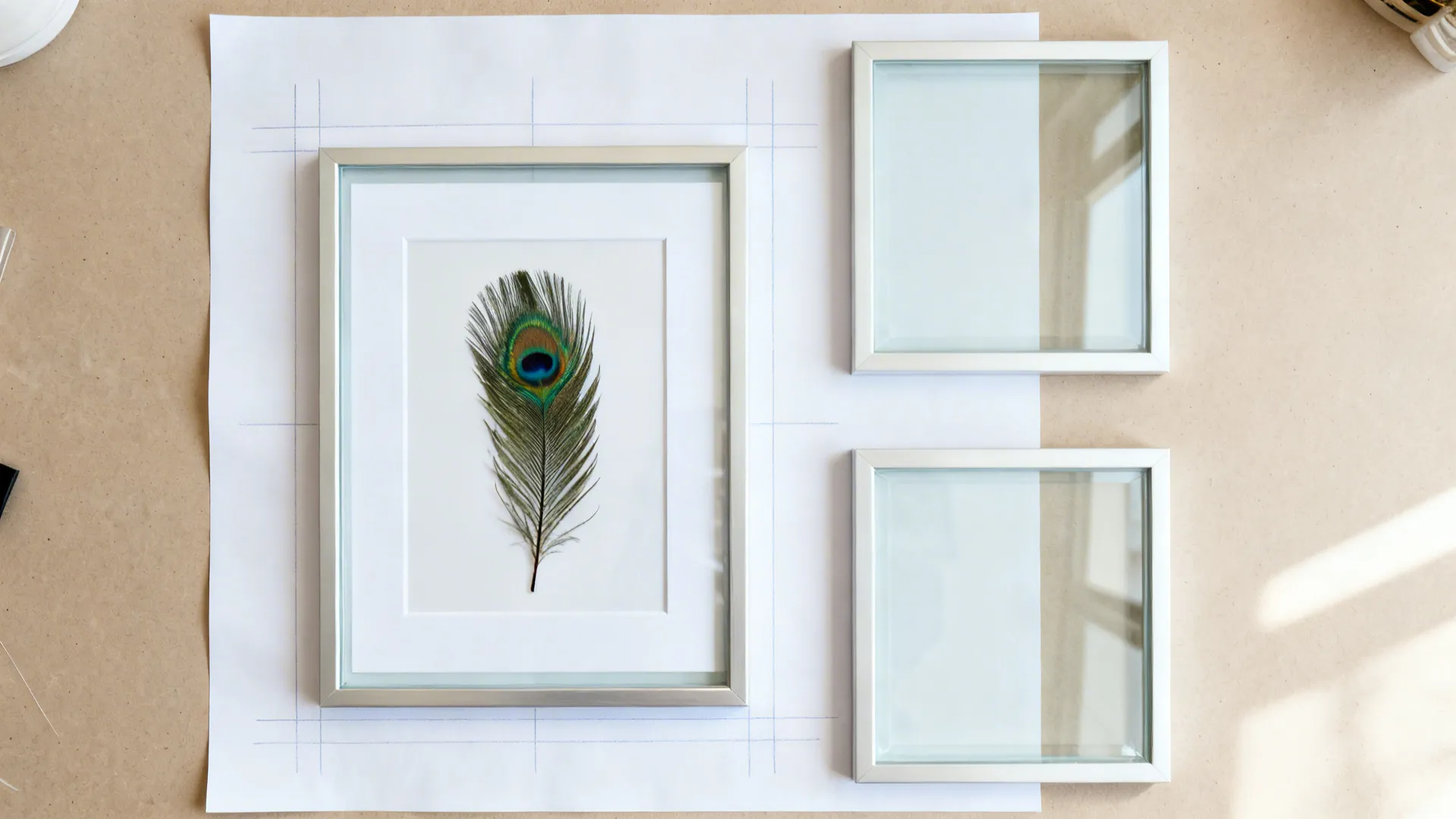 Top-down view of materials and steps for mounting a peacock feather in an archival frame.