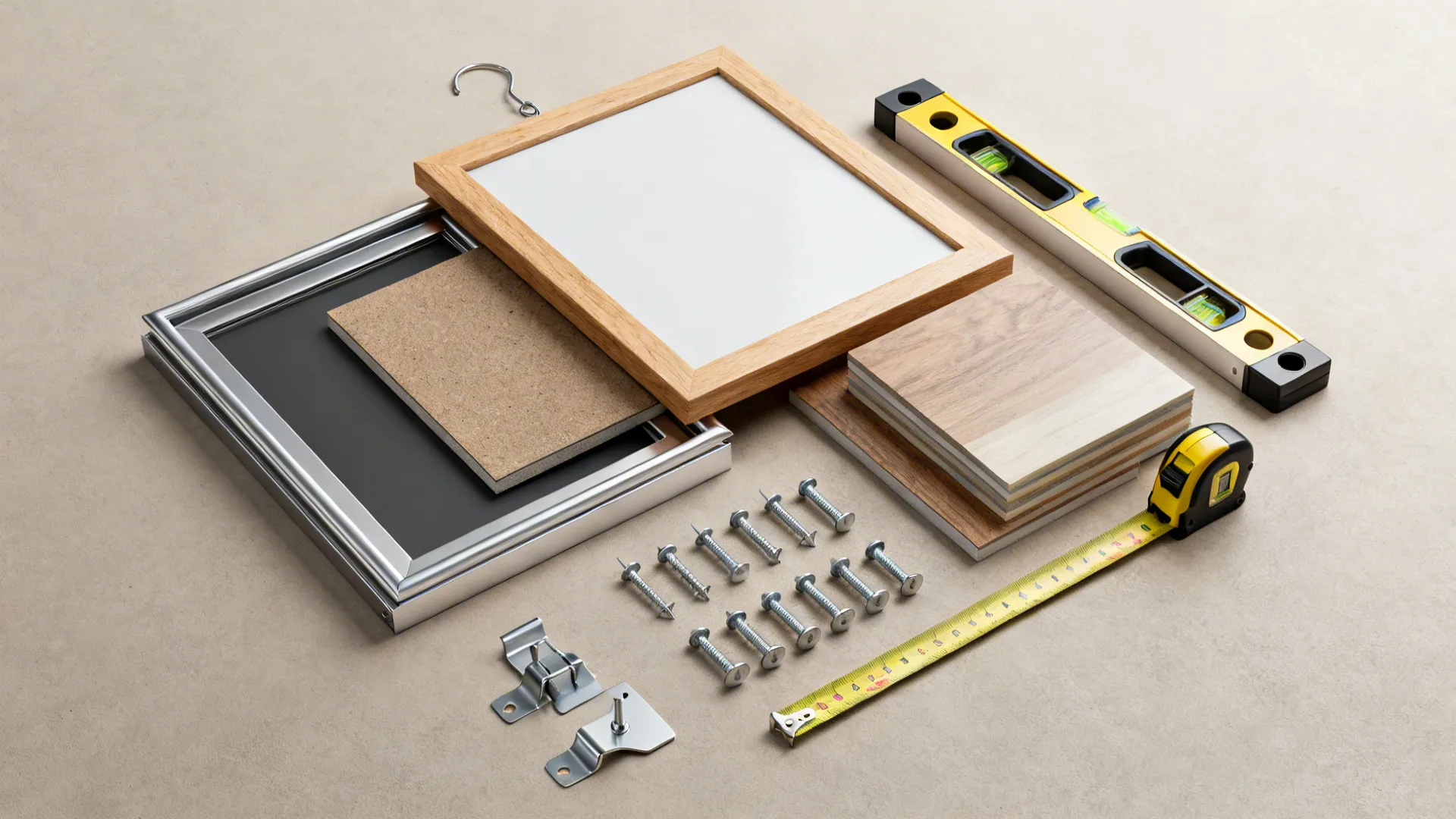 Flatlay of frame samples, backing materials and hanging hardware for secure installation.