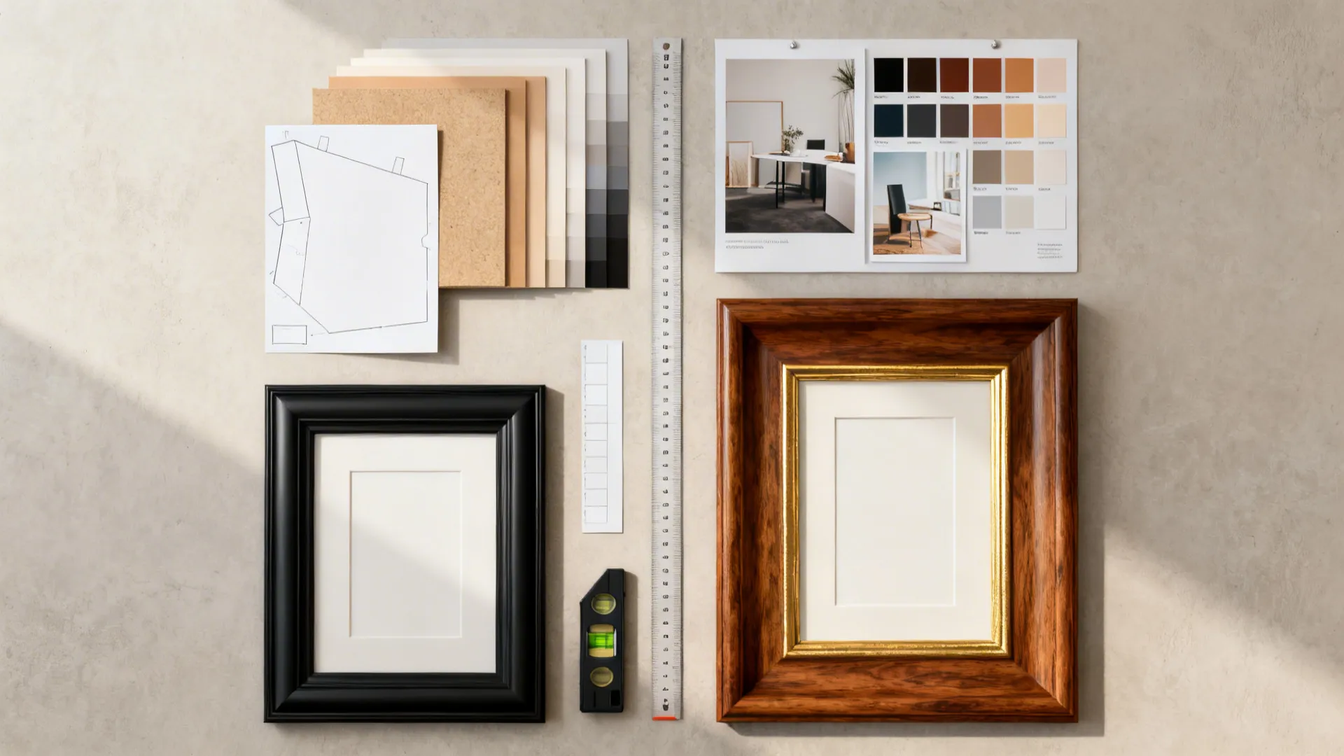 Flatlay of frame finishes, mat swatches, measuring tools and paper templates for planning a gallery wall.