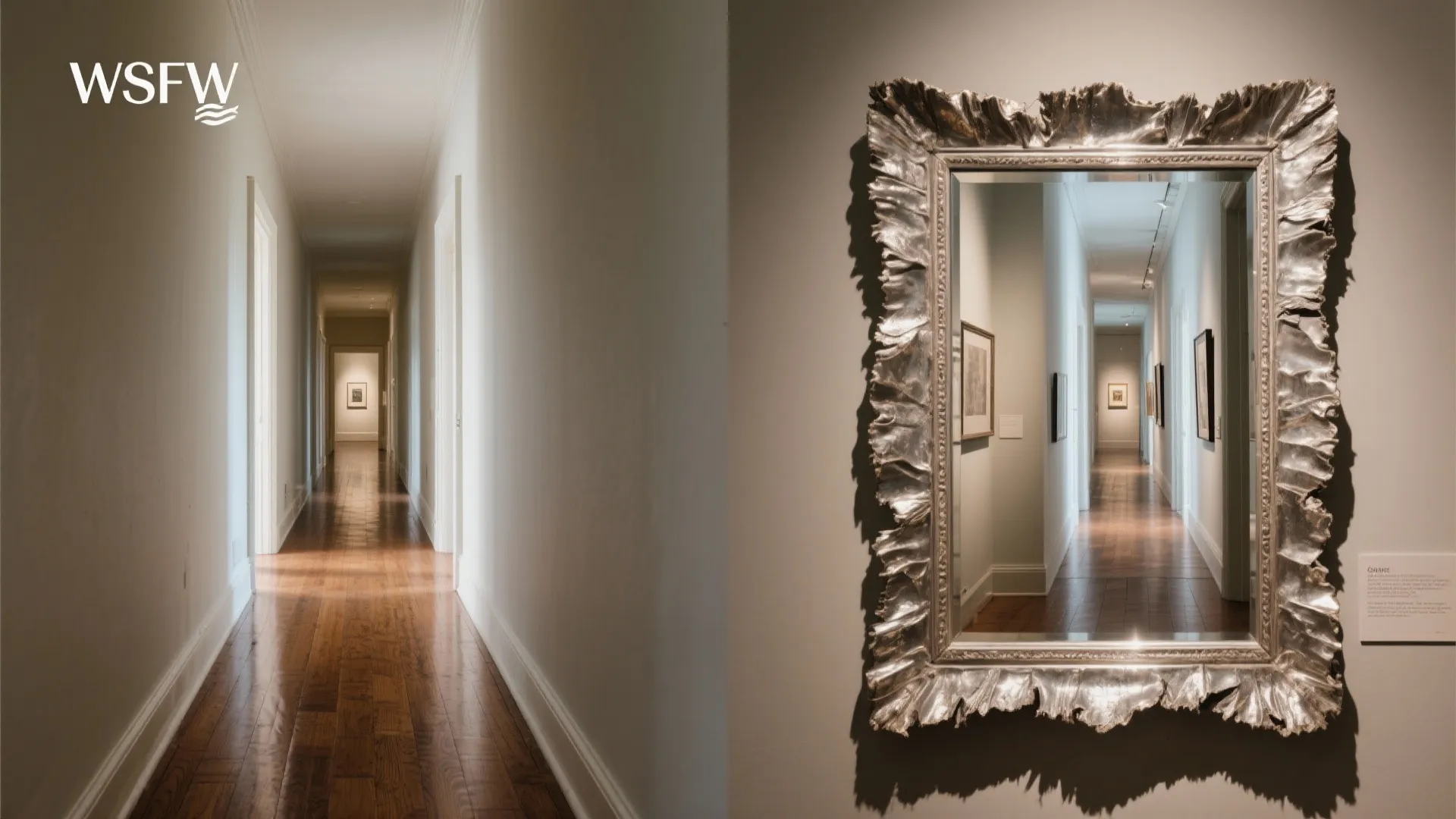 Long narrow hallway with dark wood flooring and a large silver wall mirror reflecting light