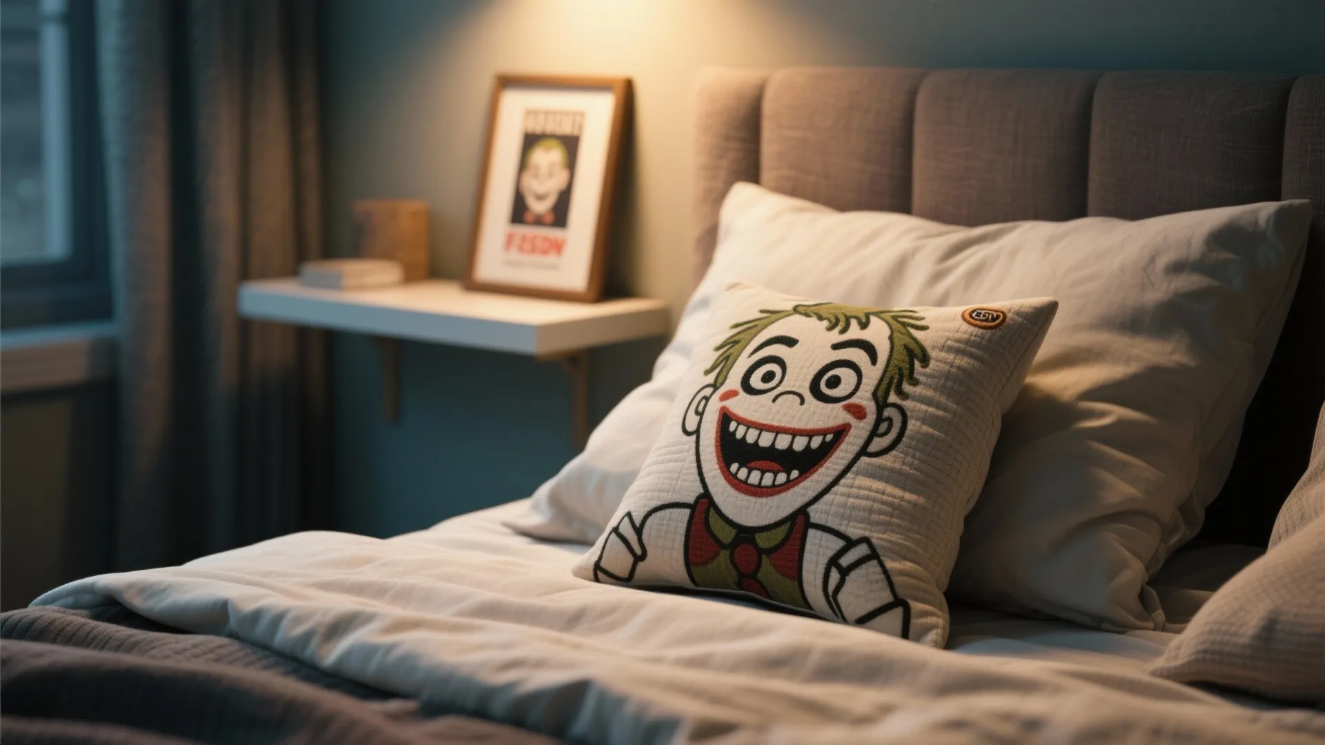 Close-up of a Freddy-themed pillow and small framed poster on neutral bedding with warm spot lighting.