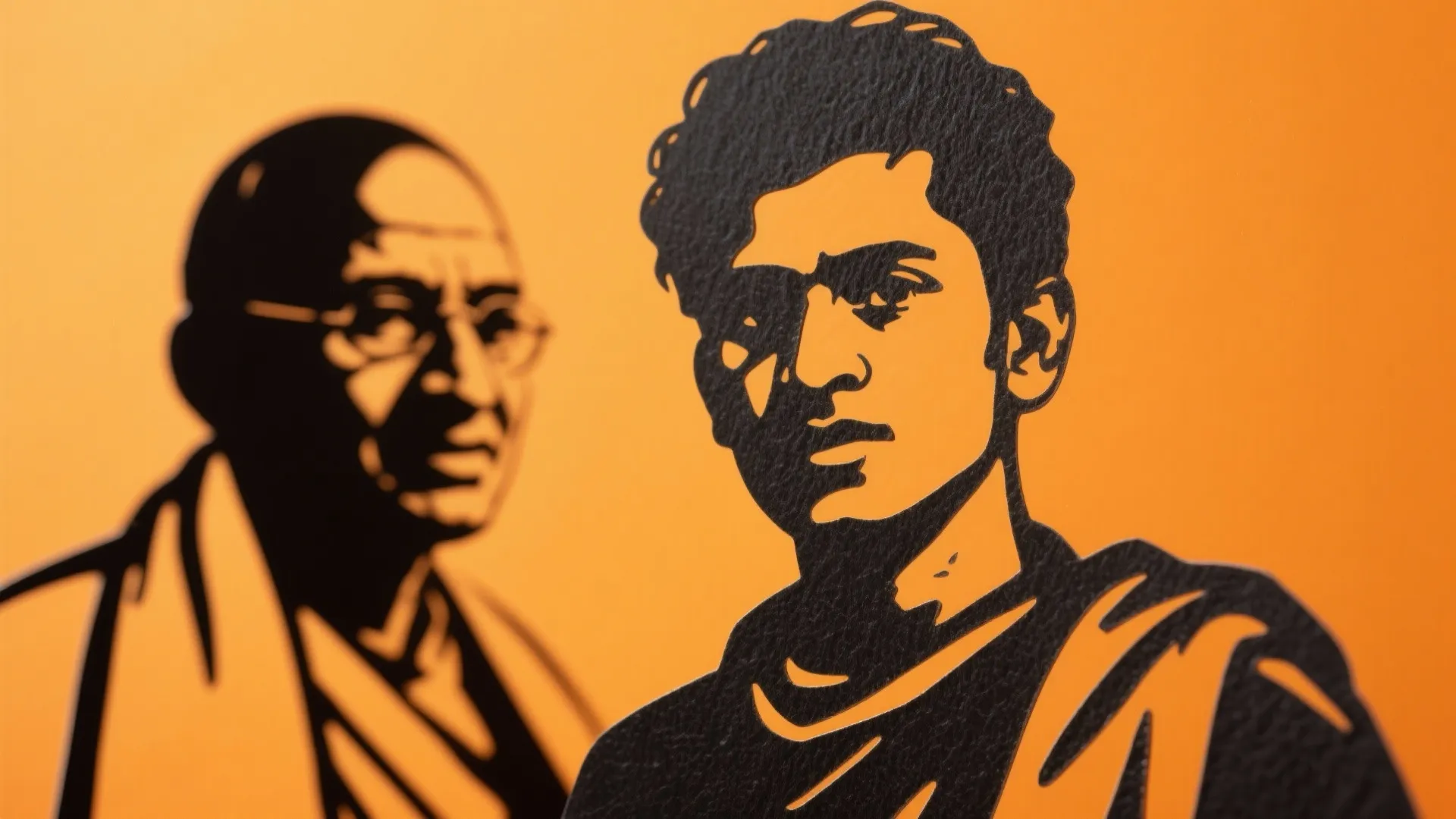 Black cutout portraits of two famous Indian men placed against a bright solid orange background