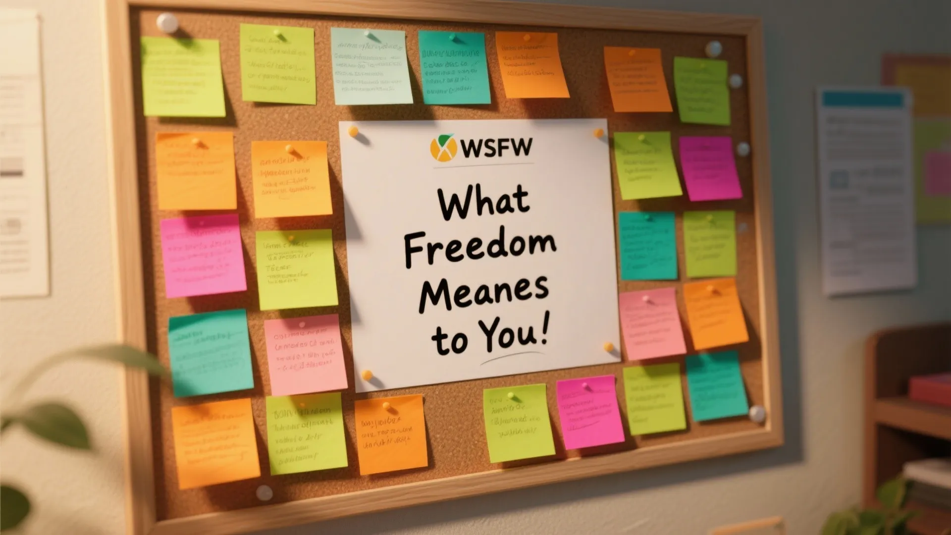 Cork board with colorful sticky notes surrounding a center sign asking what freedom means today