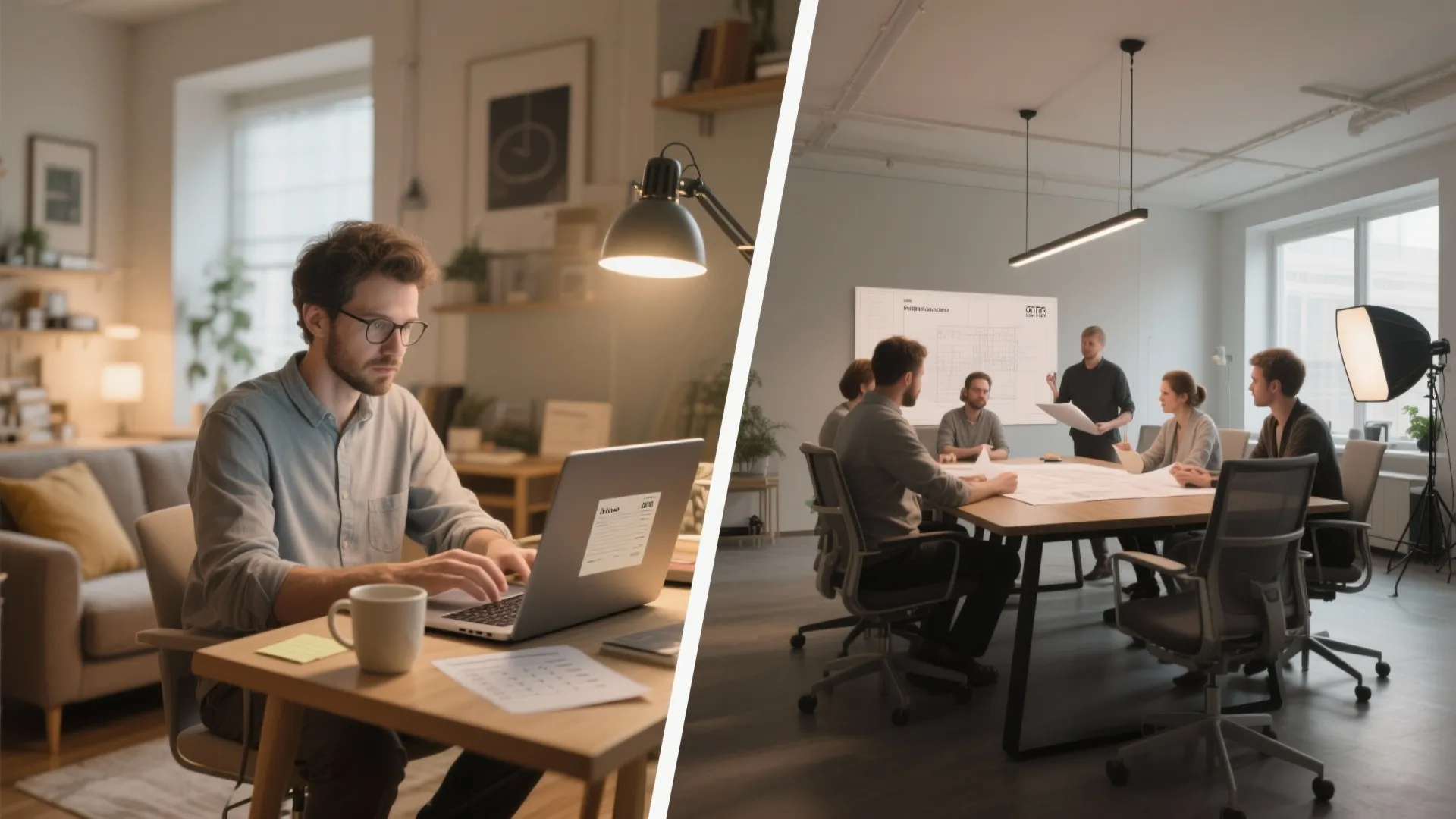 Side by side comparison of a man working alone versus a team in a studio