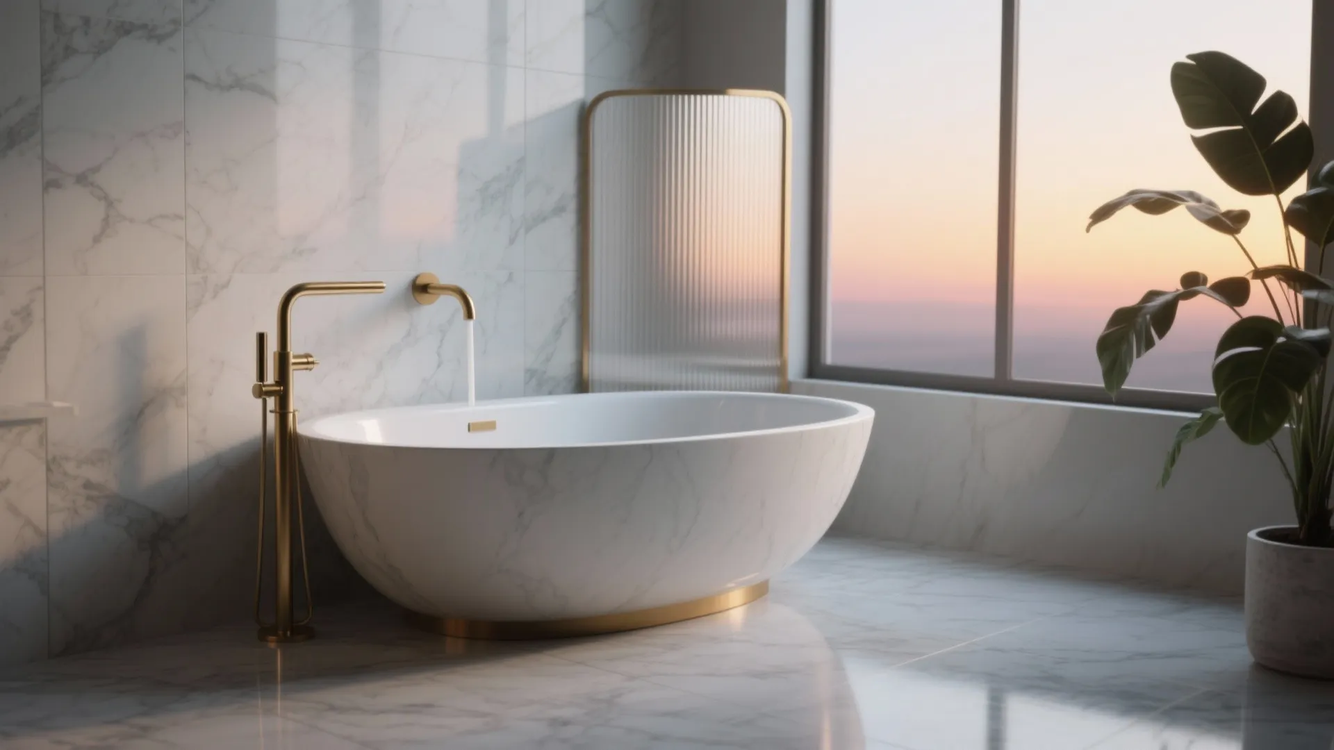 Modern marble bathtub with gold faucet near green plant and large window during warm sunset