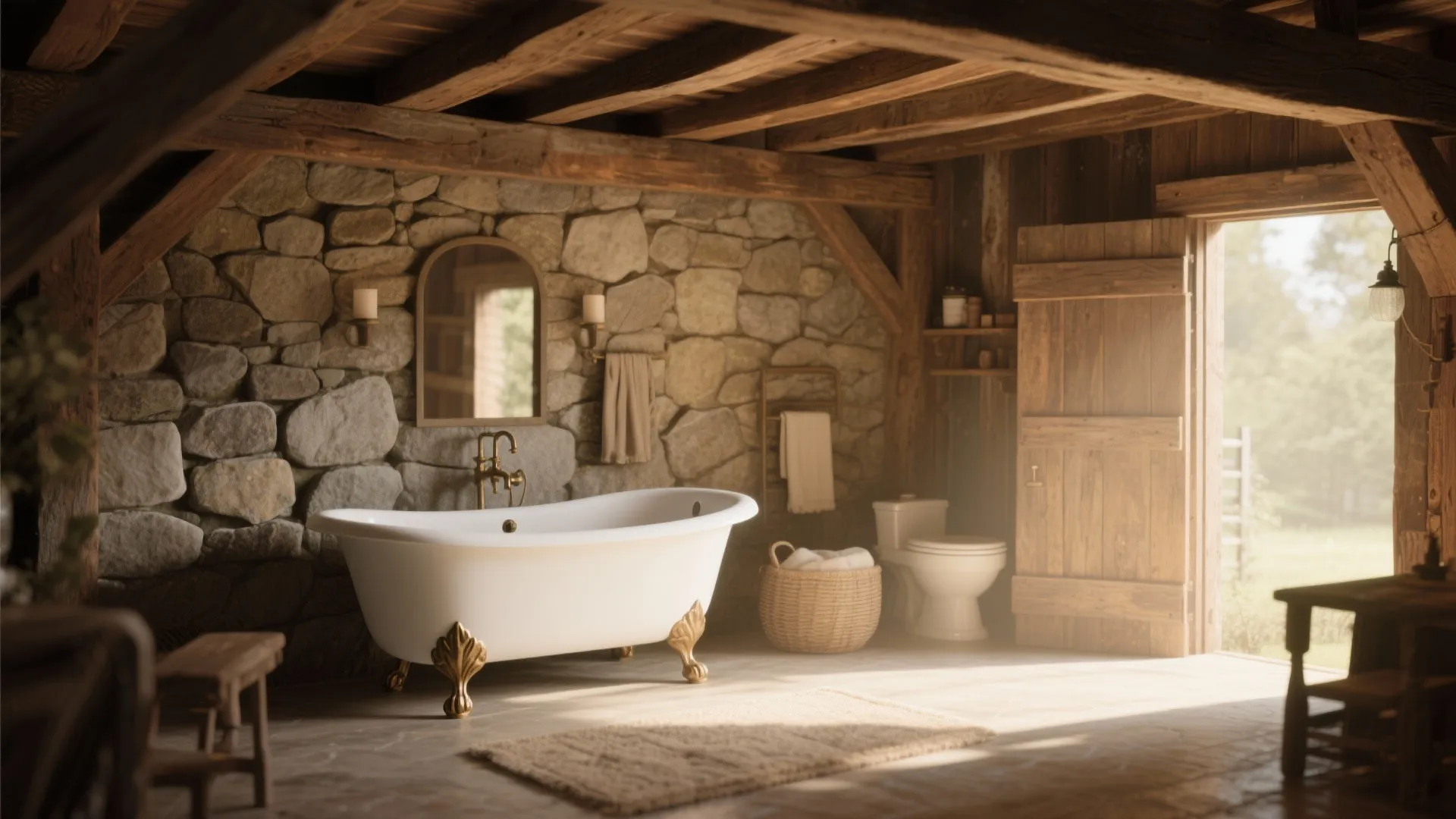 Rustic bathroom featuring white clawfoot tub against stone wall with wooden beams and open door