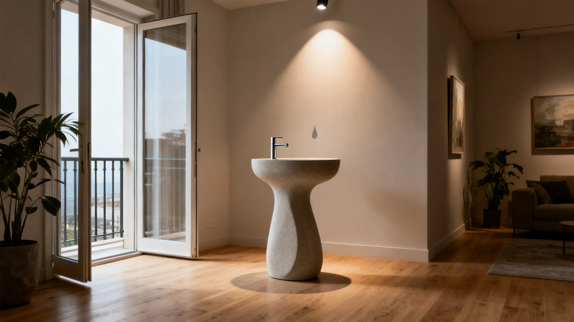 Freestanding sculptural pedestal basin near balcony doors in a gallery-like living room corner.