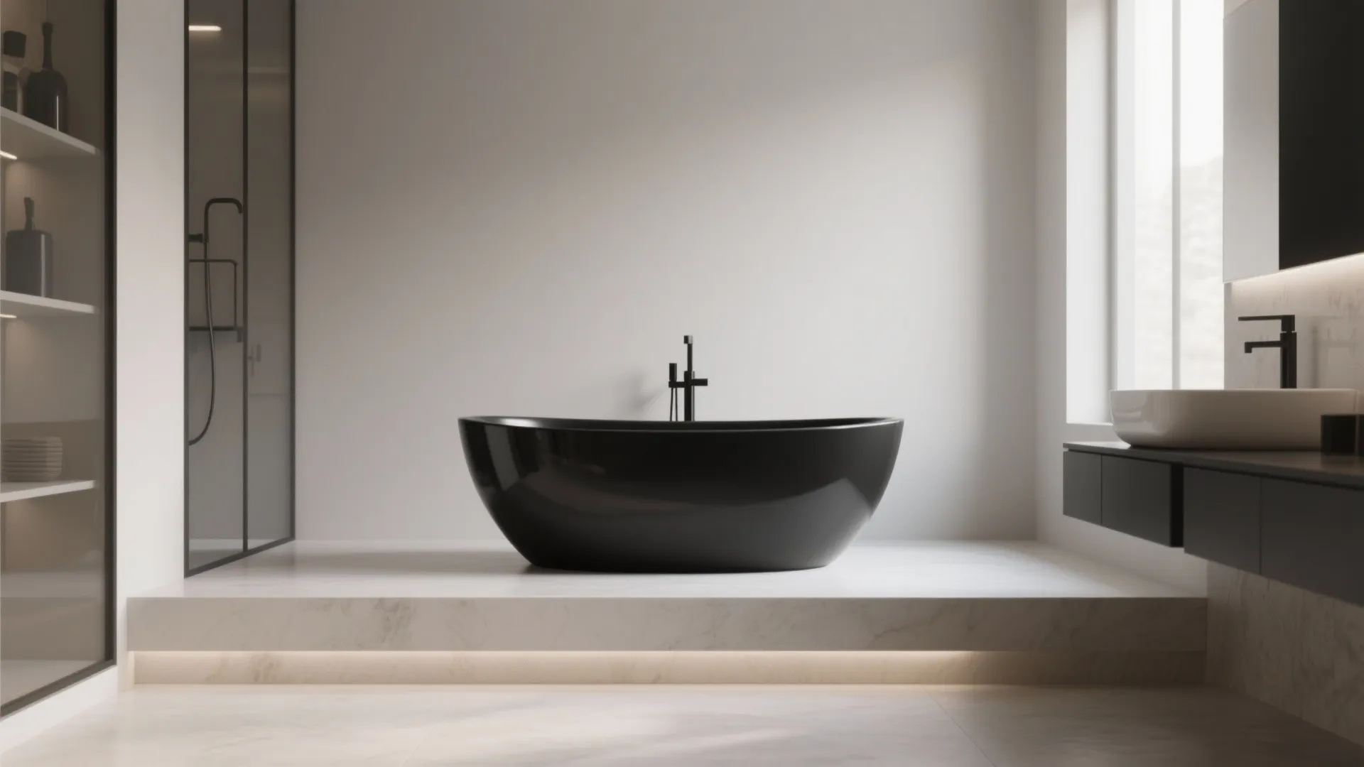 Minimalist bathroom design featuring black bathtub on marble platform with shower glass and white sink