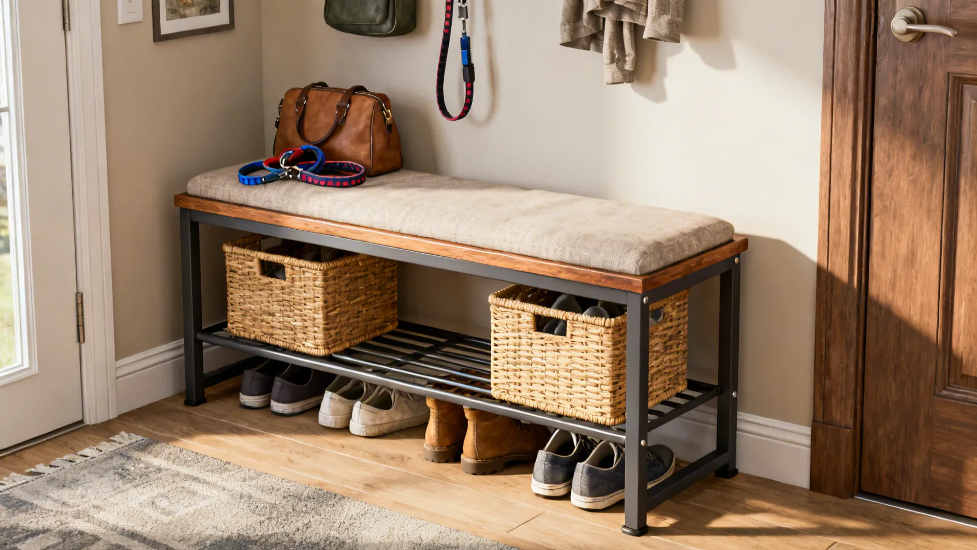 Freestanding bench with open shoe racks underneath and baskets in a small condo entryway.