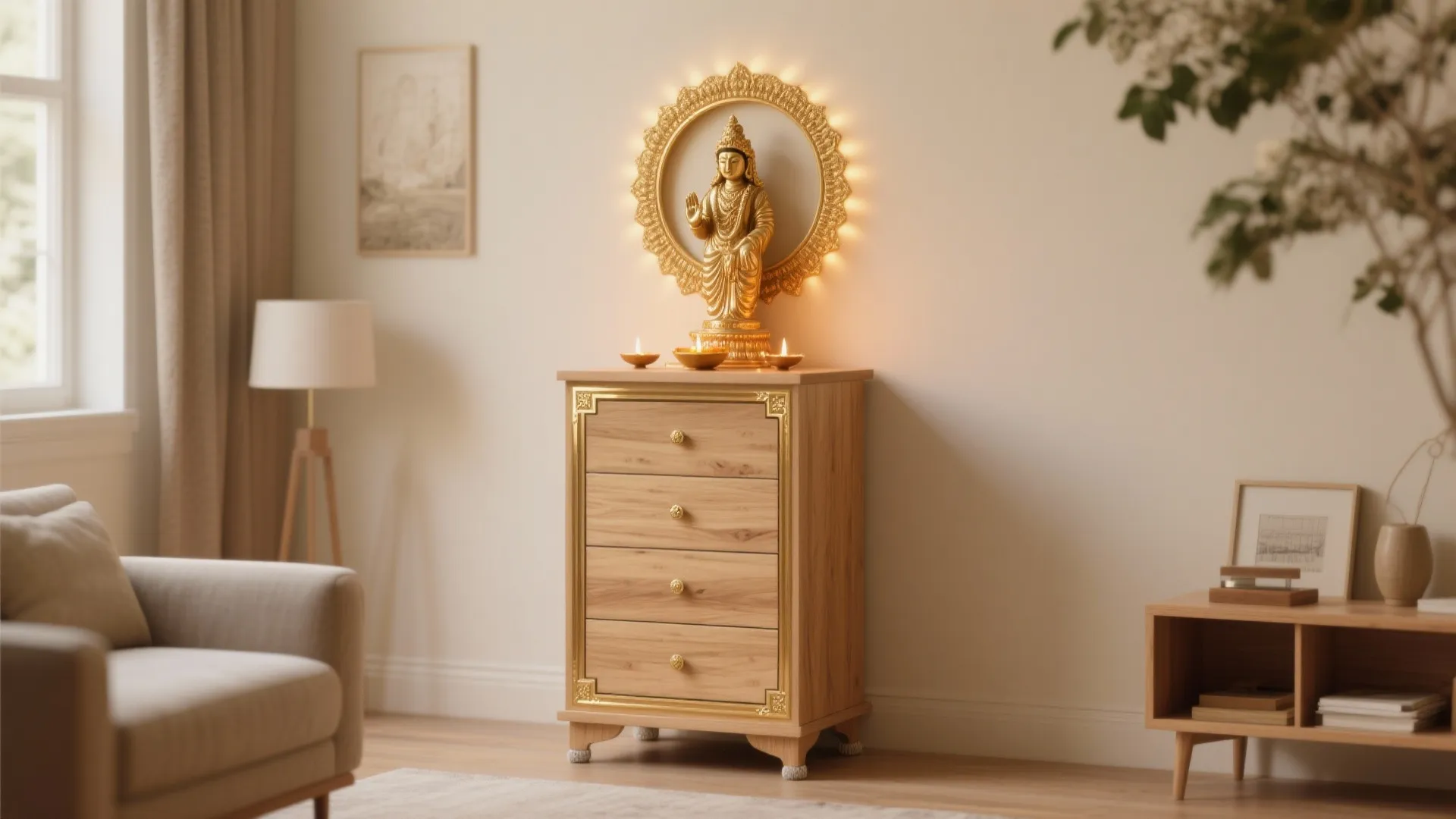 Freestanding Plywood Mandir with Brass Accents