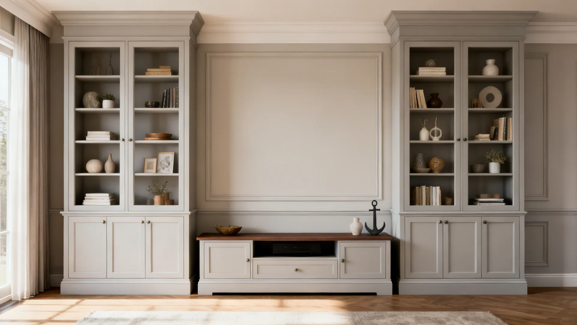 4. Built-In Shelving Look with Freestanding Cabinets