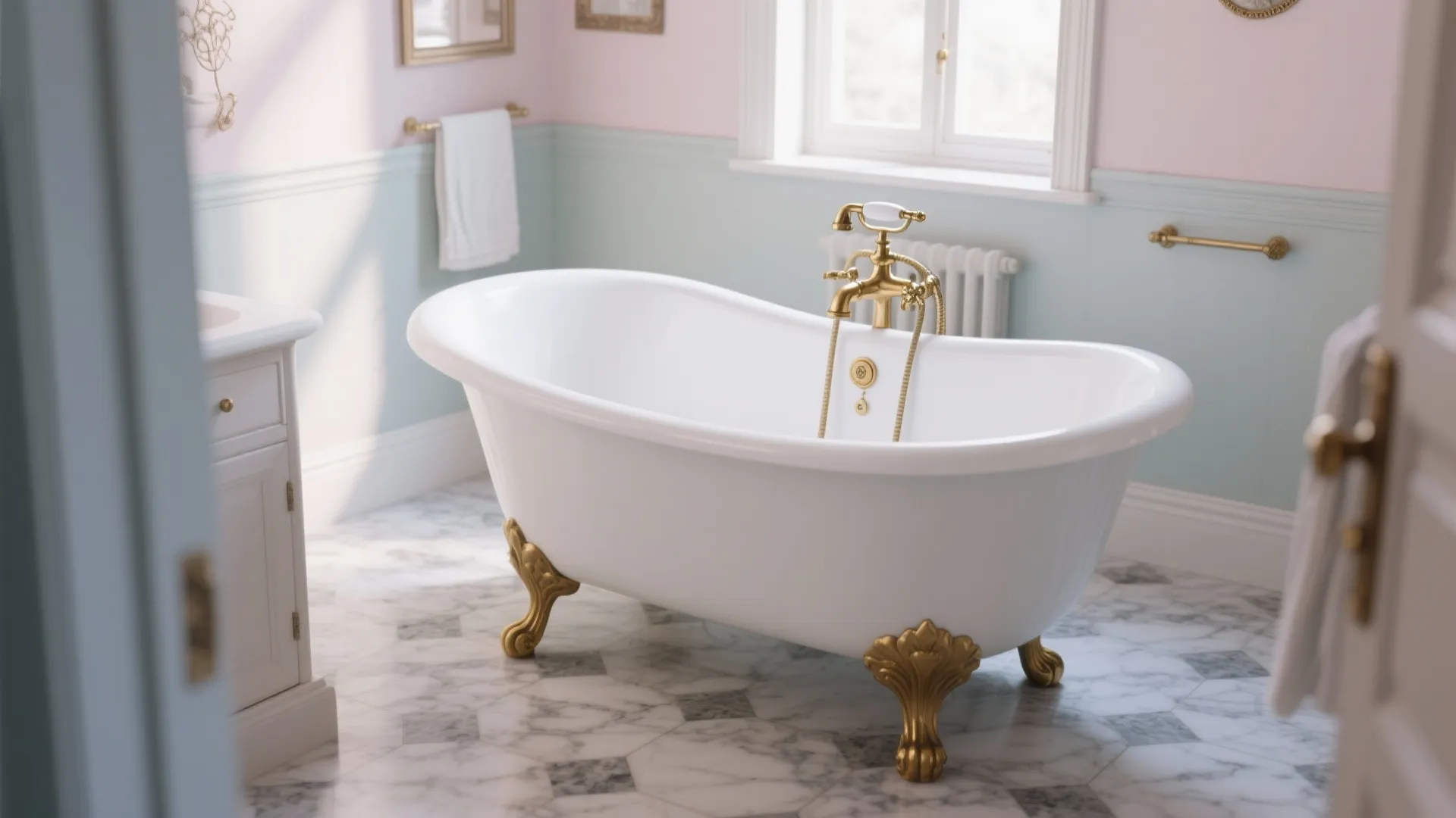 White bathtub with gold legs and gold tap in a bathroom with marble tile flooring