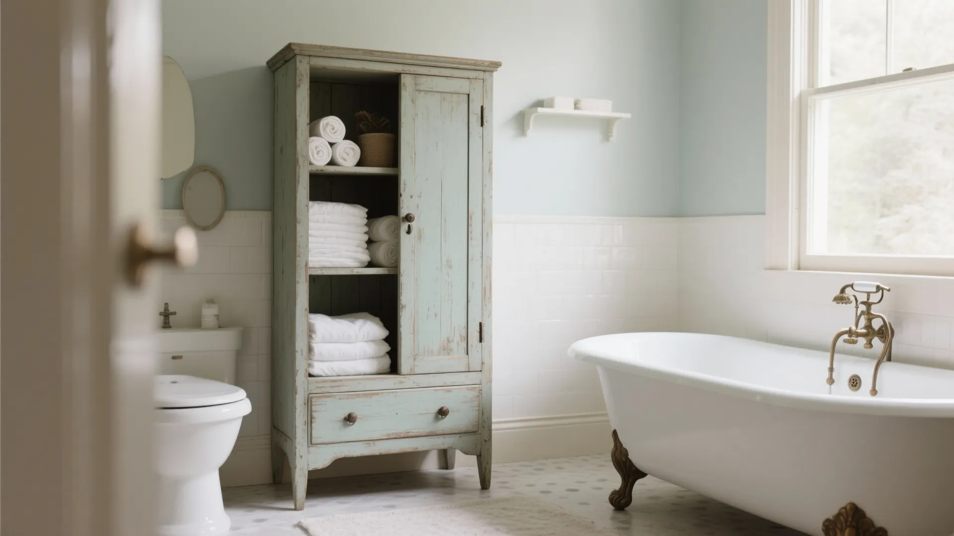 Vintage light green bathroom cabinet with white towels next to a white bathtub and toilet