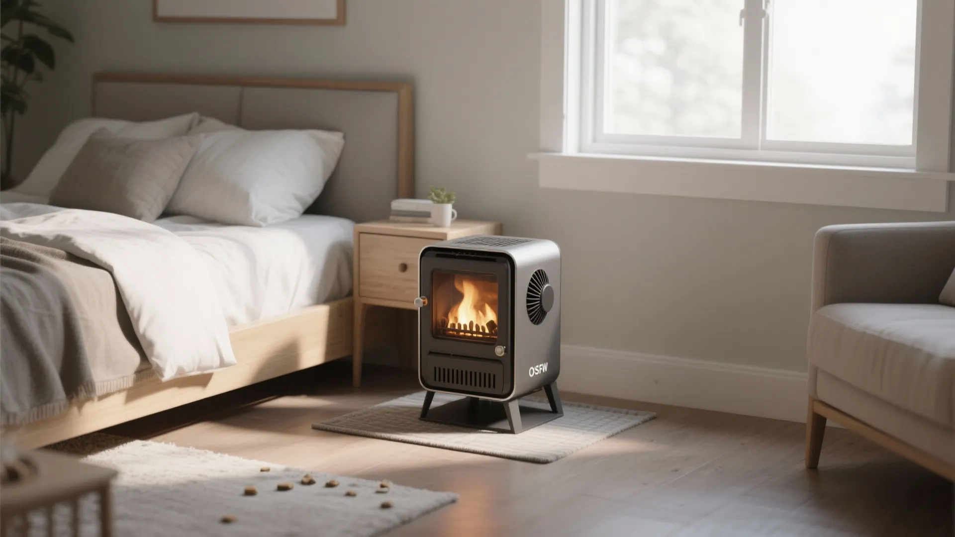Freestanding mini pellet stove with integrated blower in a small bedroom on stable floor pad