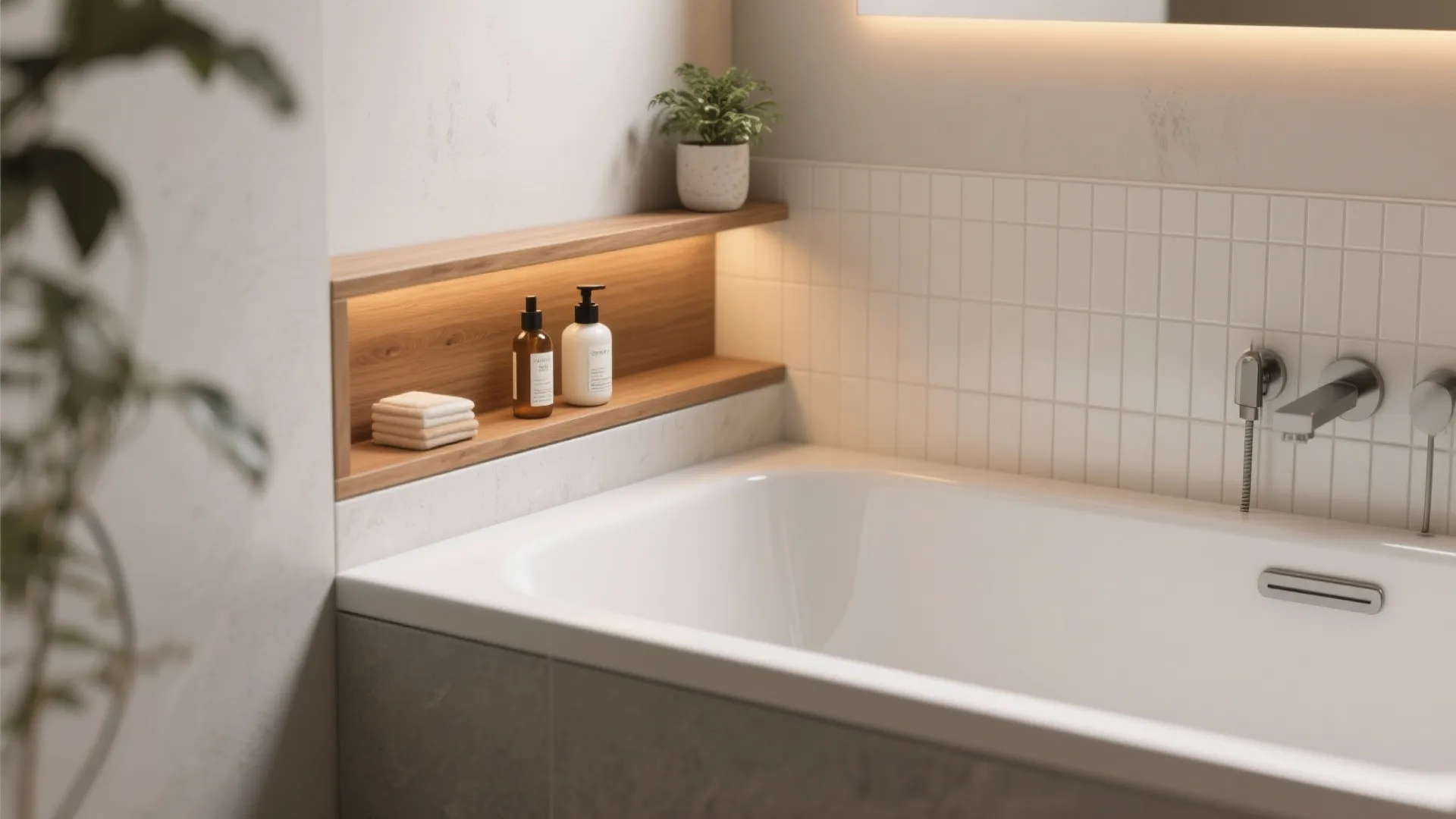 1. Compact freestanding tub with integrated shelf