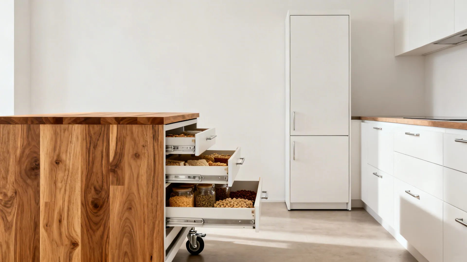 Compact kitchen with a slim tall pantry and a movable butcher-block island cart instead of uppers.